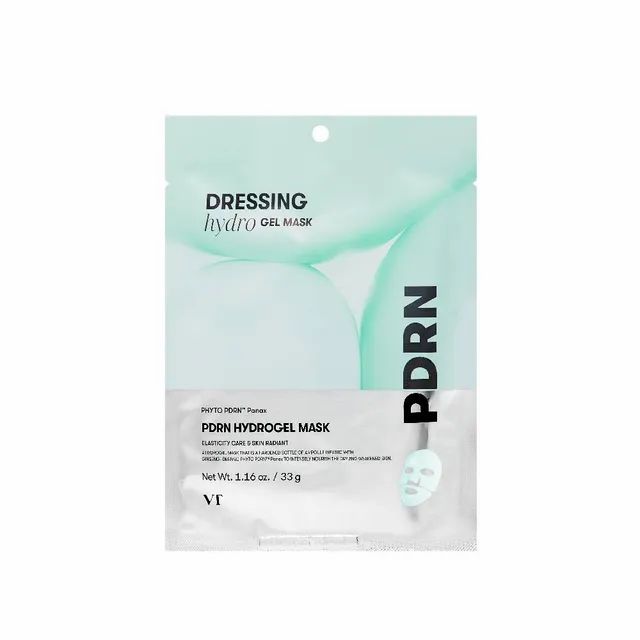 Verpackung einer Hydrogel-Gesichtsmaske. Aufschrift: PDRN Hydrogel Mask, VT. Gewicht: 33g.