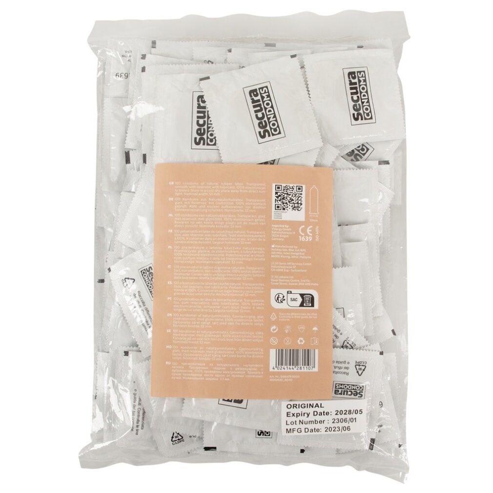 Beutel mit Kondomen. Aufdruck: Secura Condoms, Original. Verpackungsinformationen, QR-Code, CE-Kennzeichnung. Haltbarkeit.