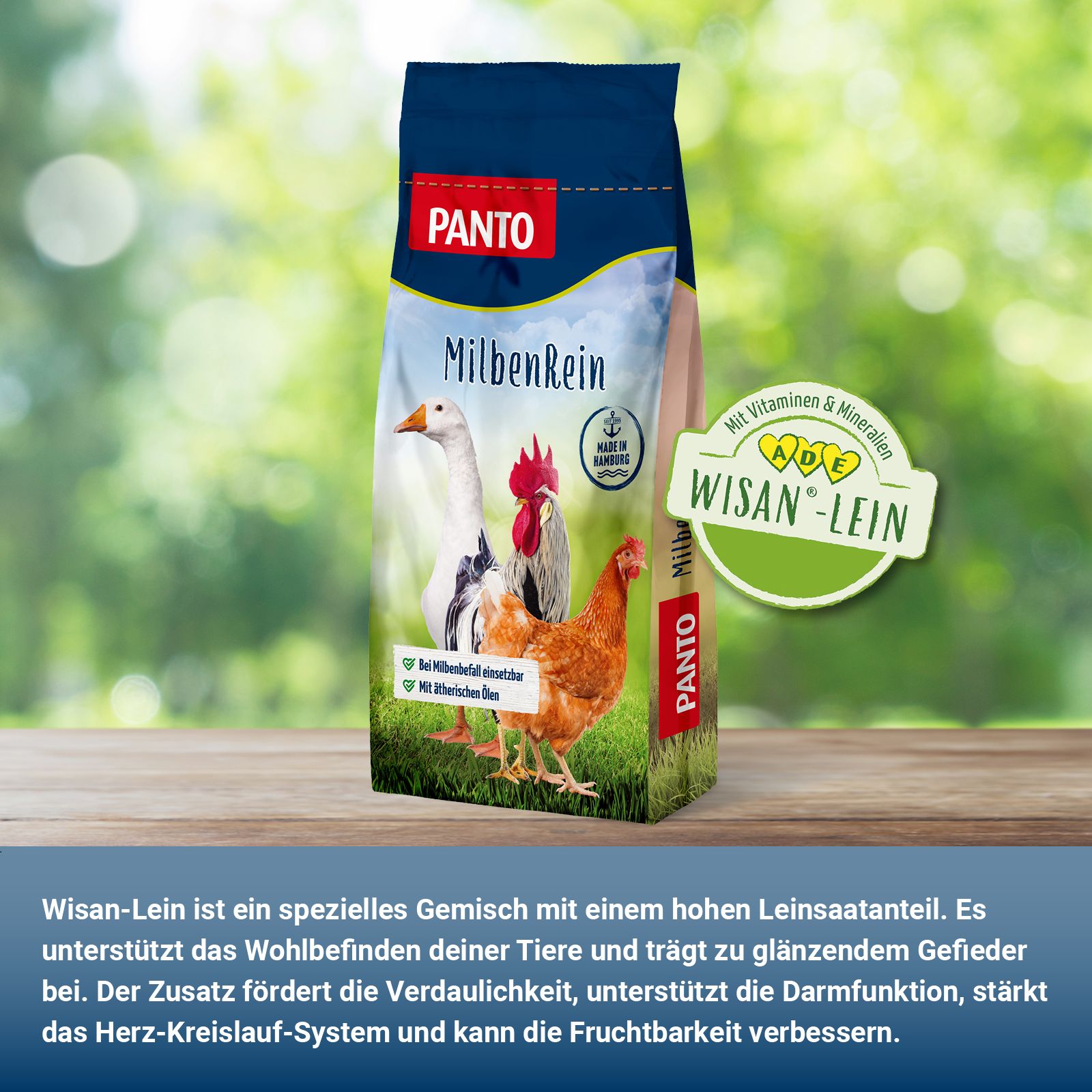 Verpackung von PANTO MilbenRein mit Wisan-Lein-Zertifizierung. Text: MilbenRein, Made in Hamburg, Wisan-Lein.