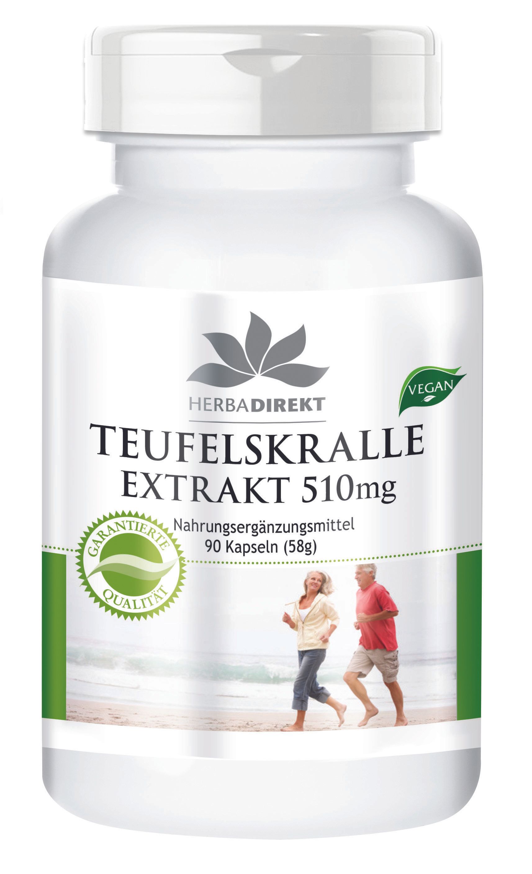Weiße Flasche mit Kapseln. Aufschrift: Teufelskralle Extrakt 510mg. Grün-weiße Etikett mit Logo und Qualitätssiegel. Vegan-Siegel.