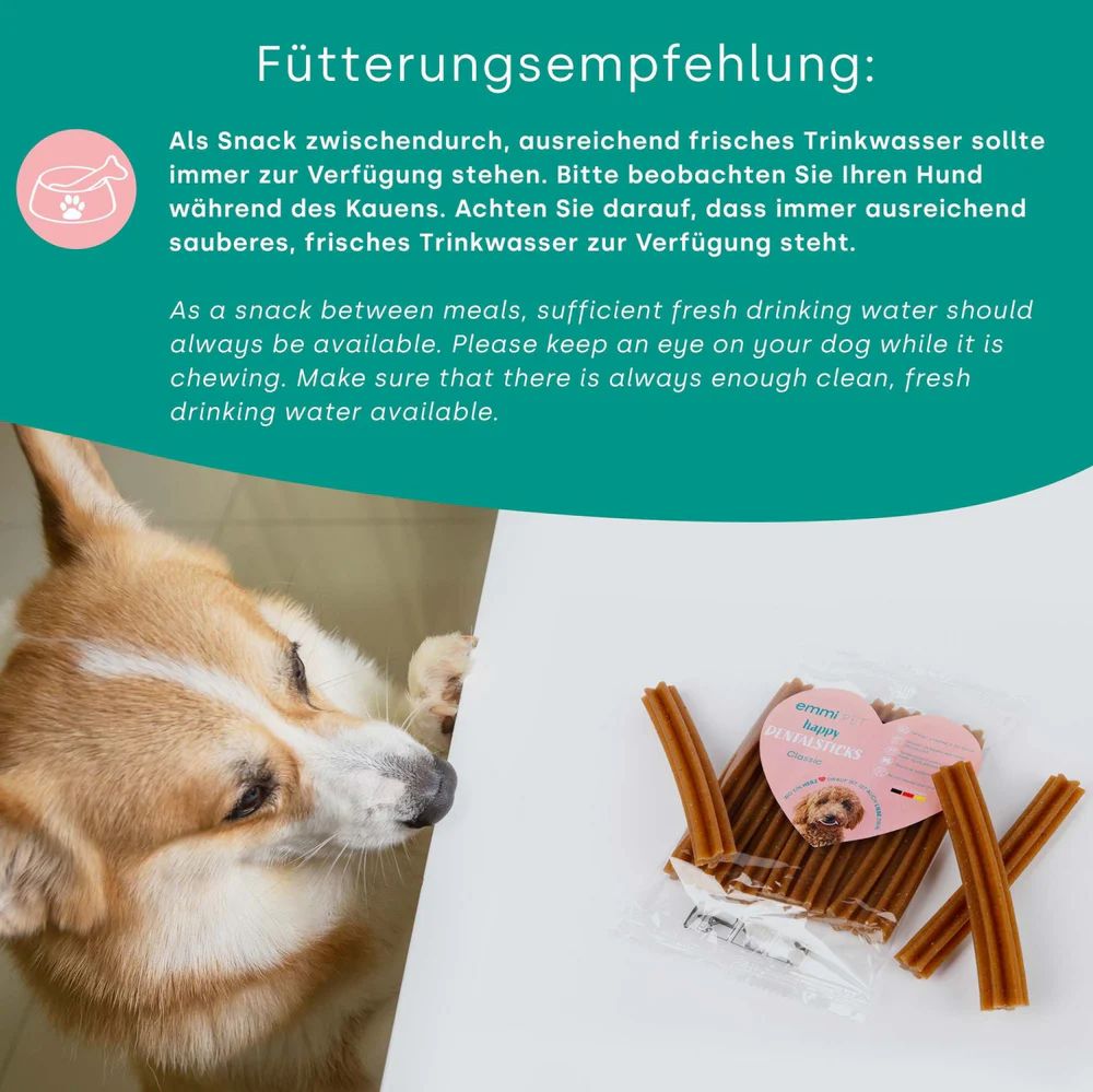 Ein Hund blickt auf eine Packung Sticks. Text: Fütterungsempfehlung. Auf der Packung steht "happy DENTALSTICKS".