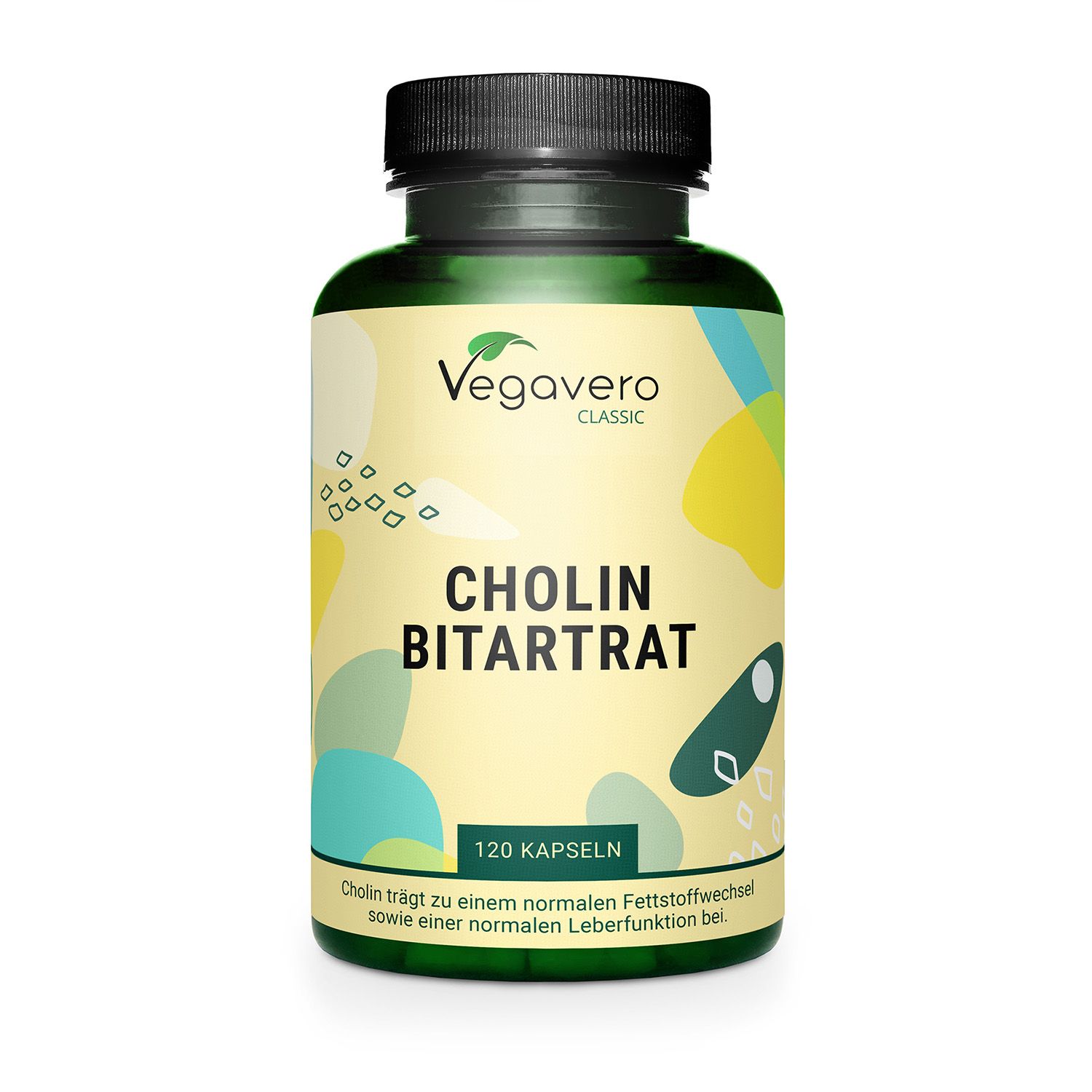 Bottiglia verde con tappo nero. Scritta: Vegavaro Classic, CHOLIN BITARTRAT, 120 capsule. Sfondo giallo con forme colorate.