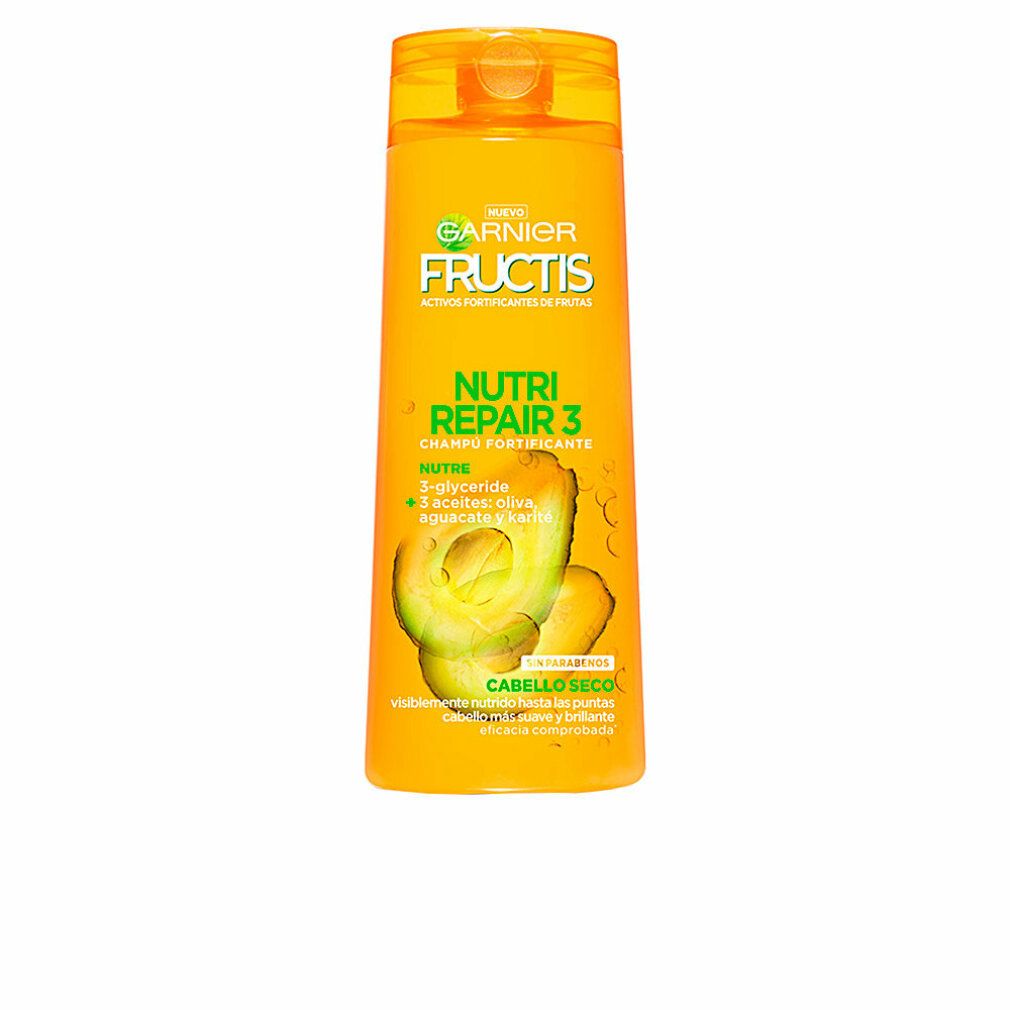 Gelbe Shampoo-Flasche mit Garnier Fructis-Logo und 'Nutri Repair 3'. Avocado-Abbildung. Text: 'Cabello Seco'.