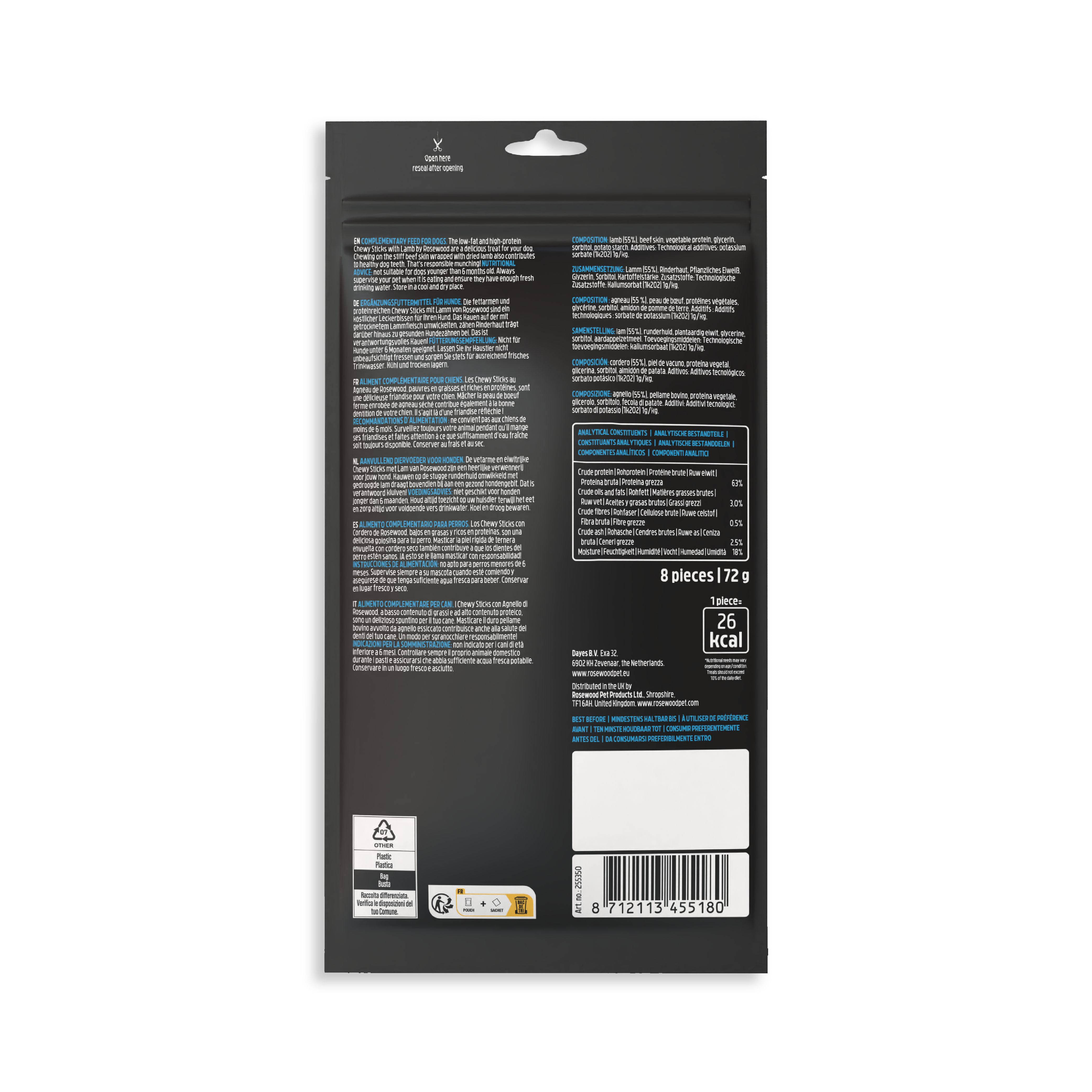 Rückseite der Verpackung von Rosewood Chewy Sticks mit Lamm. Text in mehreren Sprachen. Nährwertangaben und Barcode.