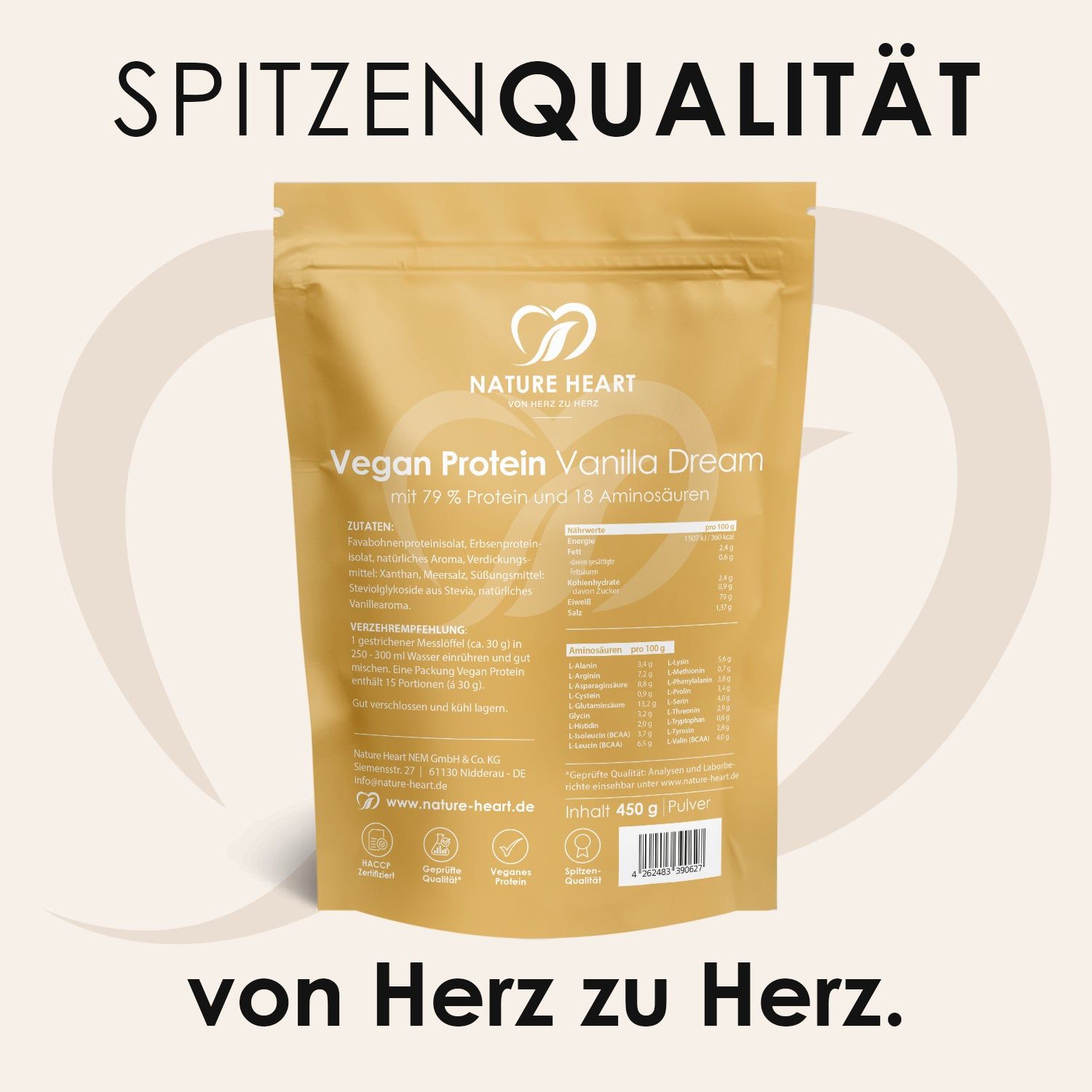 Rückseite der Nature Heart Creamy Protein Vanilla Dream Verpackung mit Nährwertangaben und Siegeln.