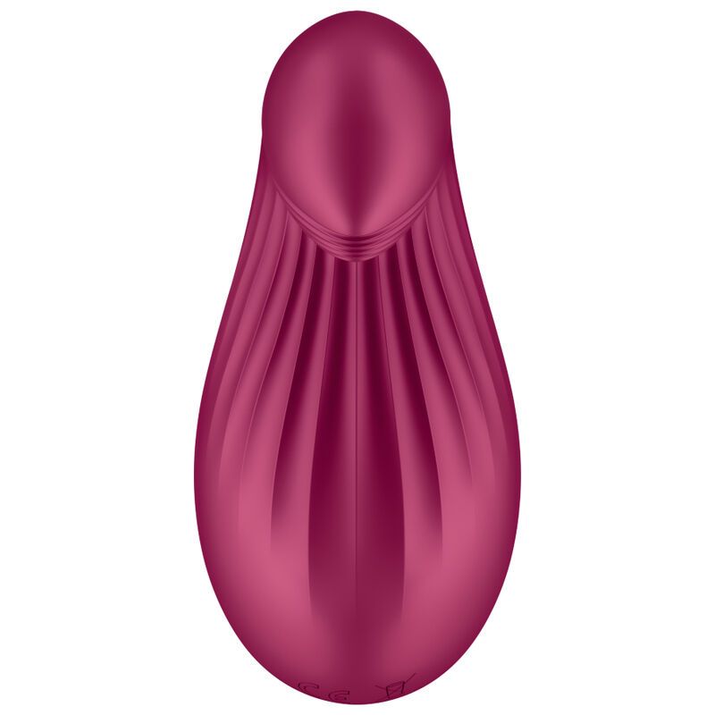 Burgunderfarbener Vibrator mit Tropfenform. Oberteil mit geriffelter Oberfläche.