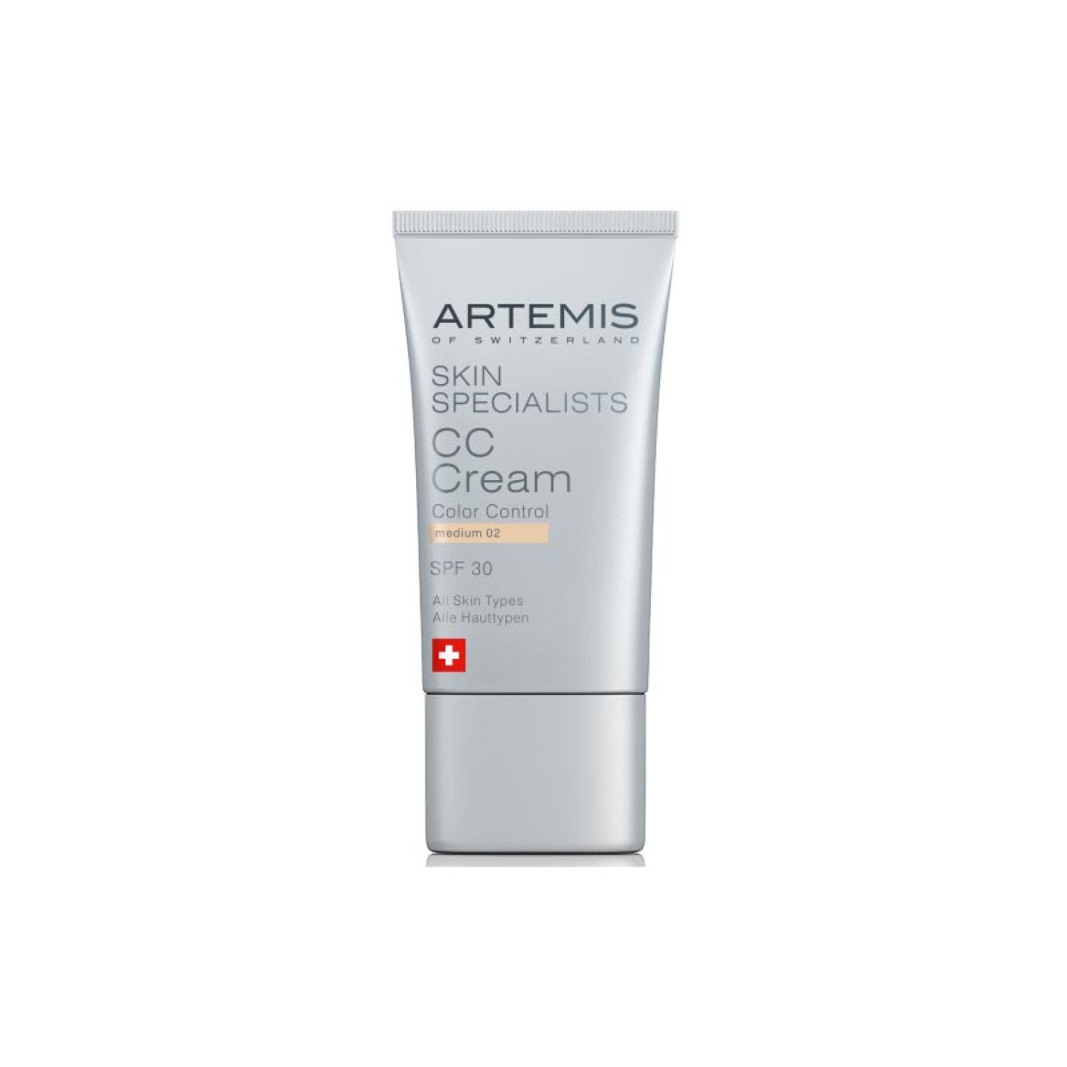 Creme-Tube mit Text: ARTEMIS OF SWITZERLAND, SKIN SPECIALISTS, CC Cream, Color Control, medium 02, SPF 30. Schweizer Kreuz.