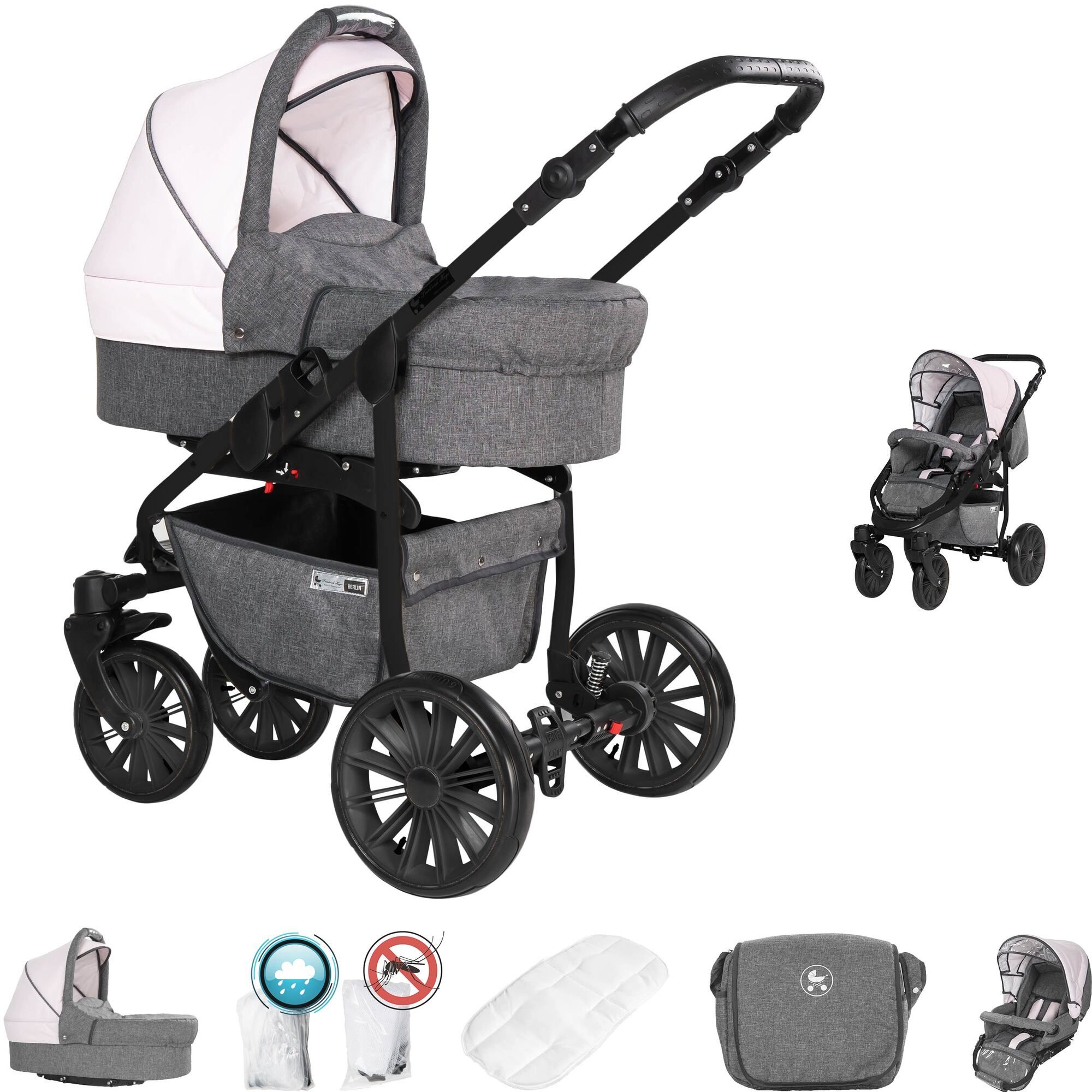 Friedrich Hugo Berlin 2 in 1 Kinderwagen Luftreifen, Grey and Light Rose Night