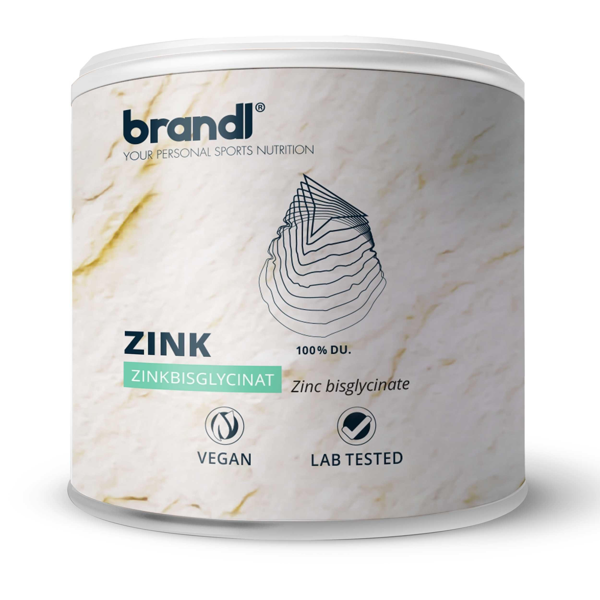 Dose brandl® Zink Bisglycinat. Text: Zink, Zinkbisglycinat, vegan, laborgeprüft. Weiße Dose mit blauem Logo.