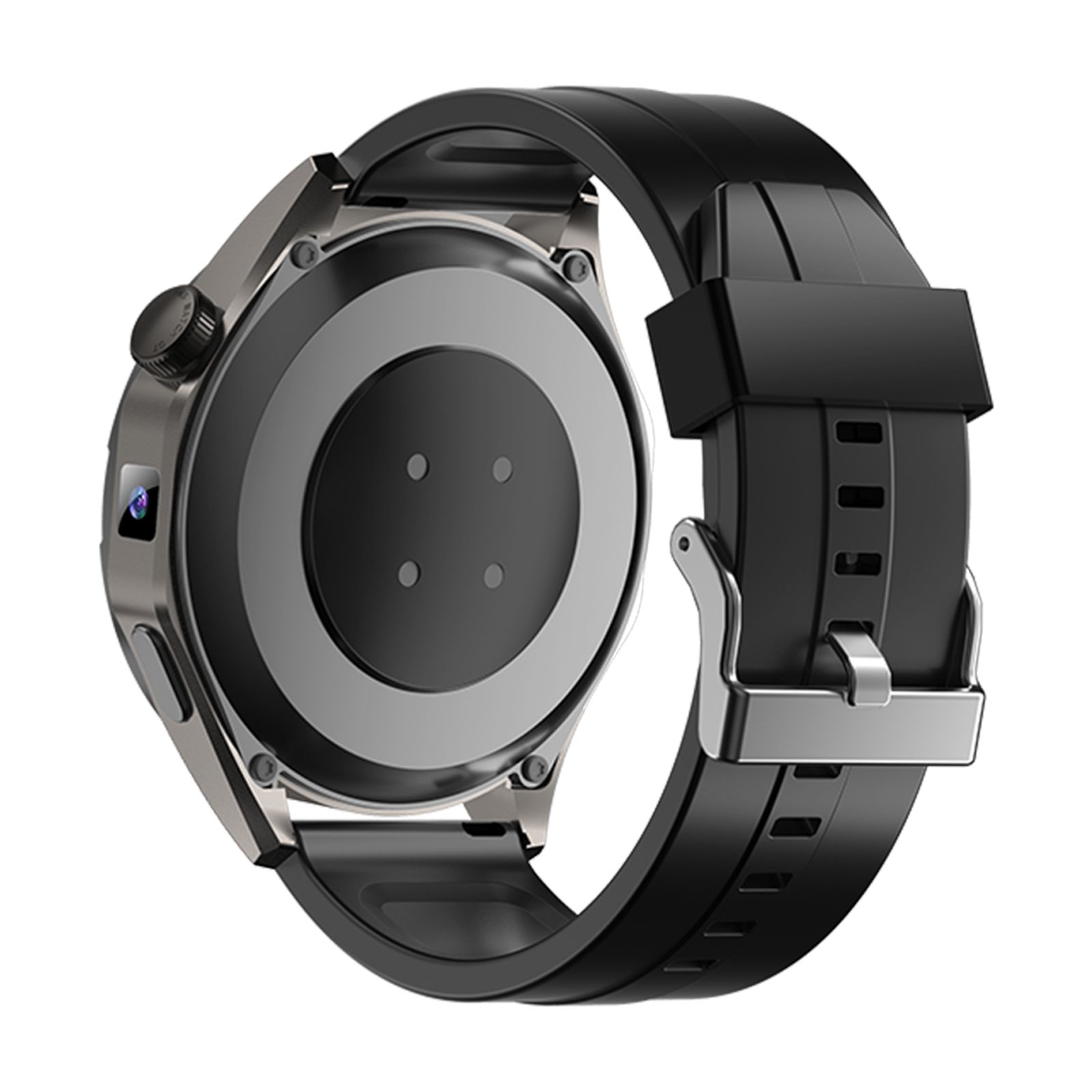 Rückseite einer Smartwatch mit schwarzem Armband. Silberfarbenes Gehäuse mit Sensoren und Ladekontakten. Armbandverschluss.