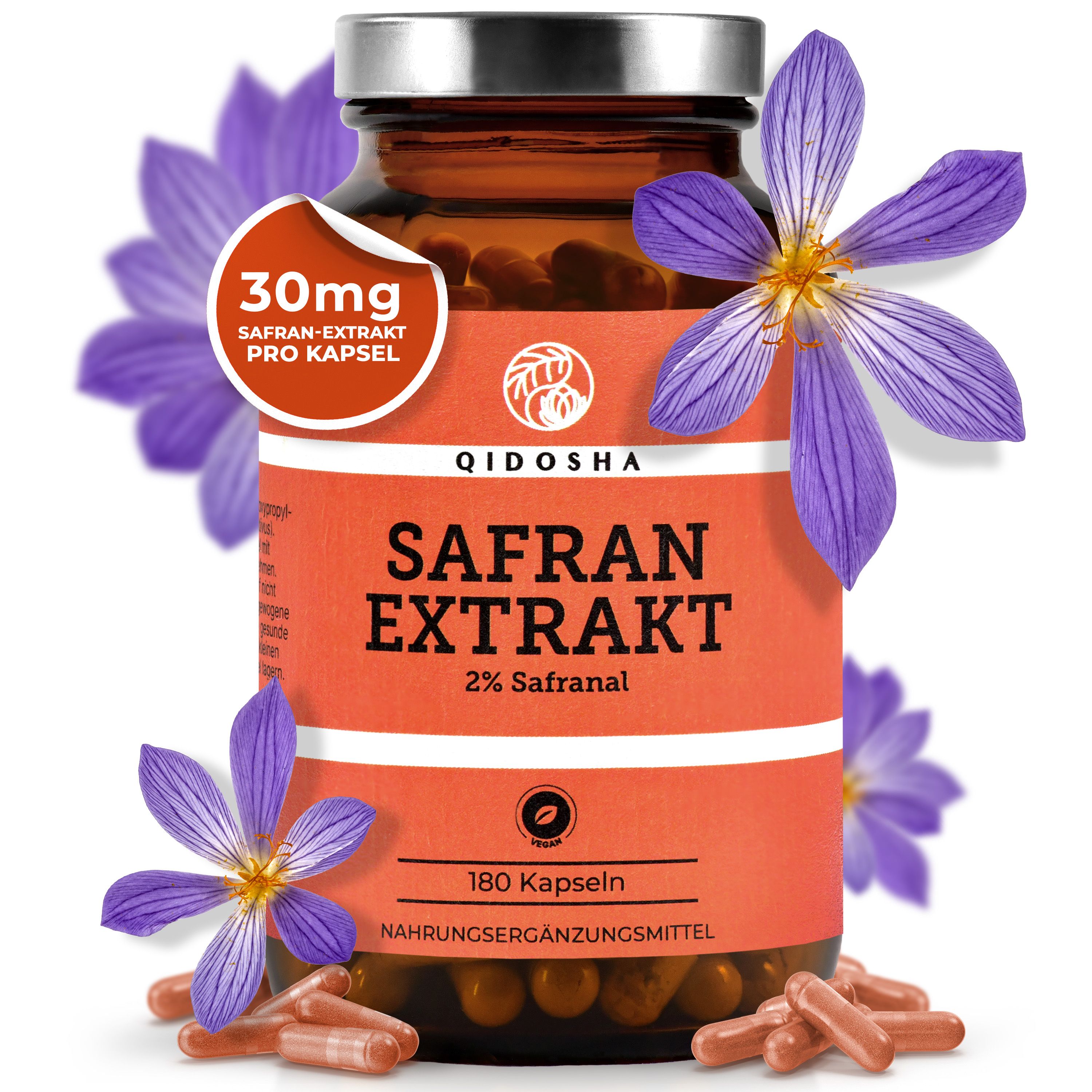 Braune Glasflasche mit Kapseln, umgeben von Blüten. Aufschrift: QIDOSHA Safran Extrakt, 2% Safranal, 180 Kapseln.