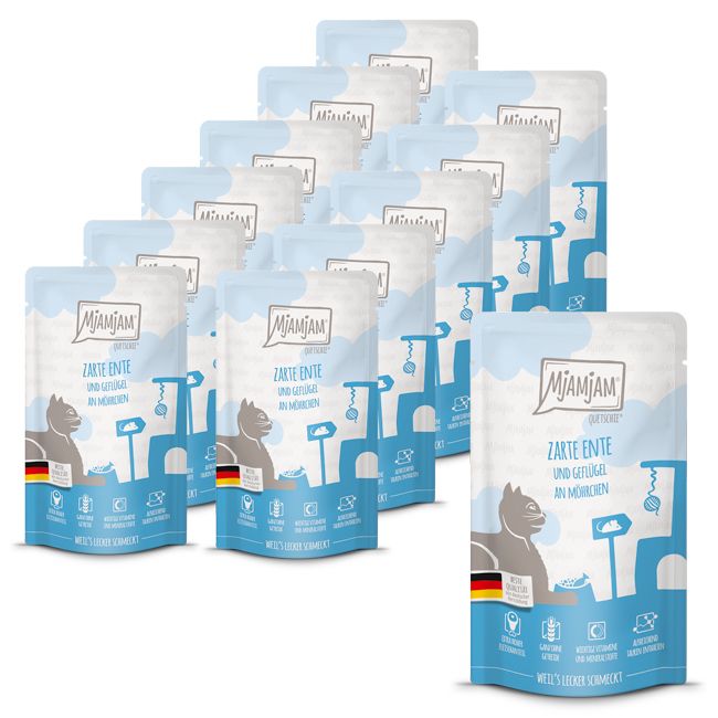 MjAMjAM - Quetschie zarte Ente & Geflügel an leckeren Möhrchen 12x125 g Futter
