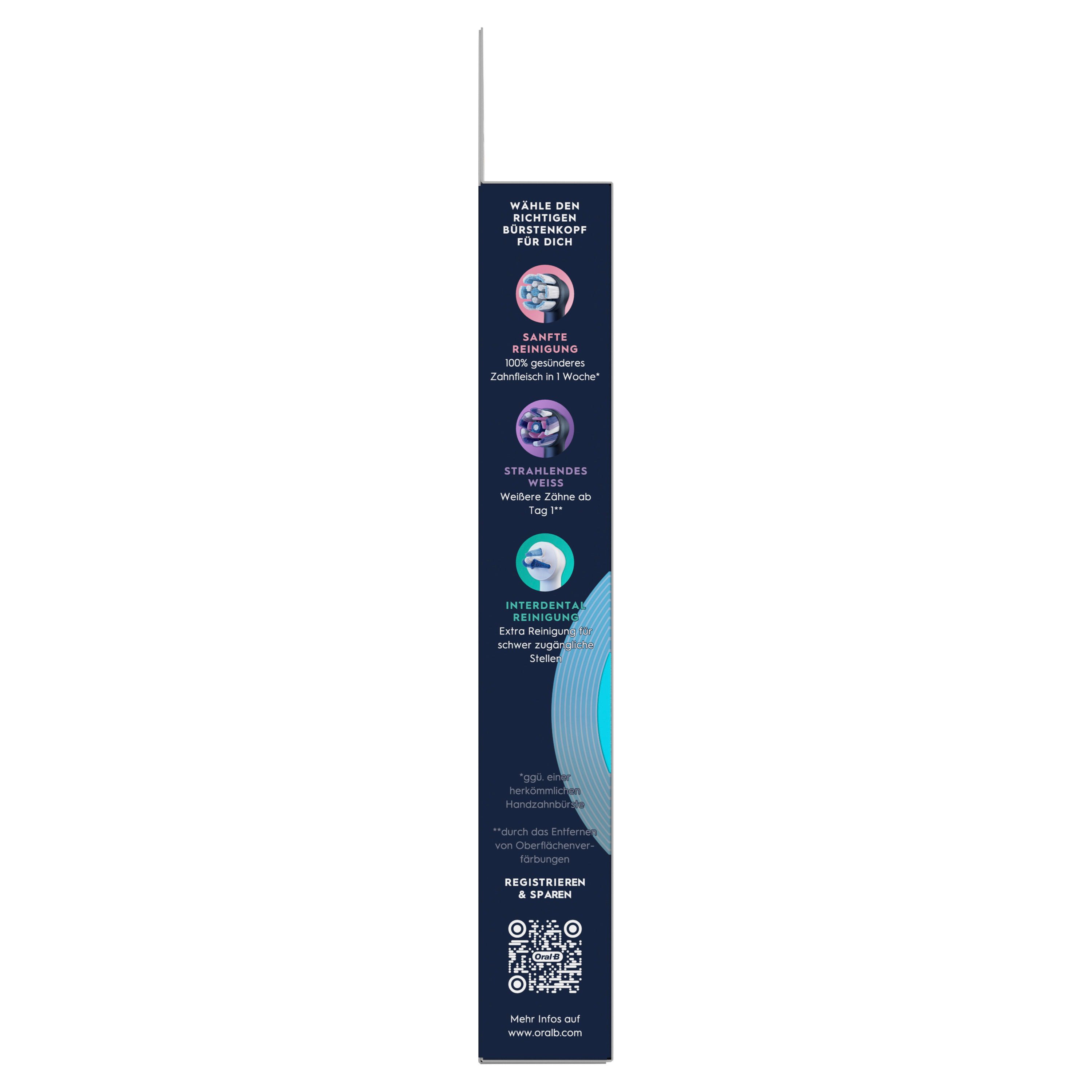 Verpackung der Oral-B iO Aufsteckbürsten. Text: Sanfte Reinigung, strahlendes Weiß, Interdentalreinigung. QR-Code und Registrierung.
