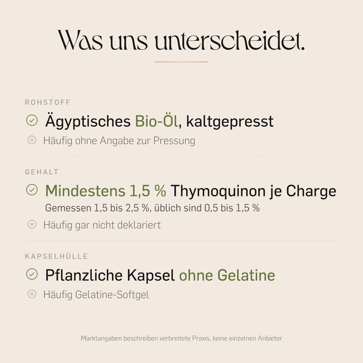 Was uns unterscheidet: Ägyptisches Bio-Öl, kaltgepresst, pflanzliche Kapsel.