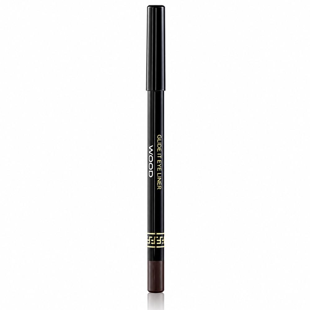 Schwarzer Eyeliner-Stift mit brauner Spitze und goldener Verzierung. Beschriftung: GLIDE IT EYE LINER WOOD.