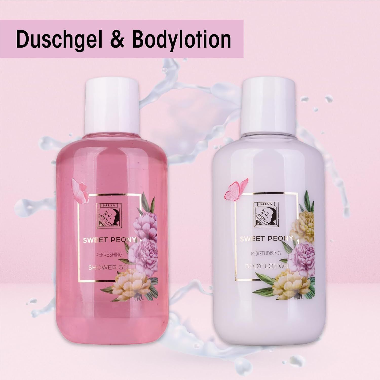 Zwei Flaschen: Duschgel und Bodylotion. Rosa und weiß. Florales Design. Weißer Deckel. Produktnamen deutlich sichtbar.