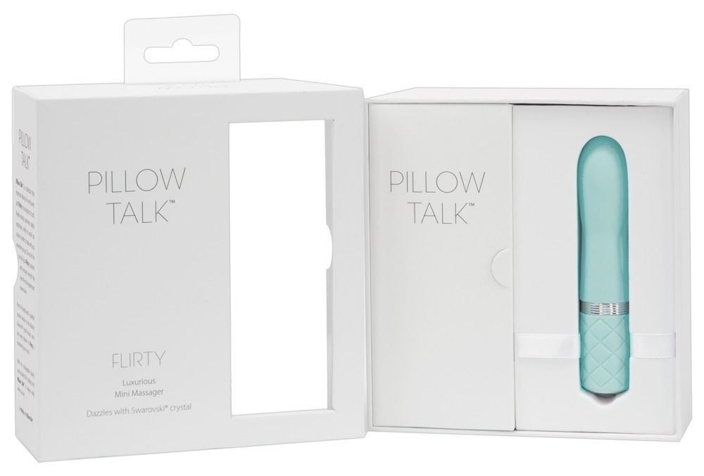 Geöffnete Verpackung mit türkisfarbenem Vibrator. Text: PILLOW TALK, FLIRTY, Luxurious Mini Massager.