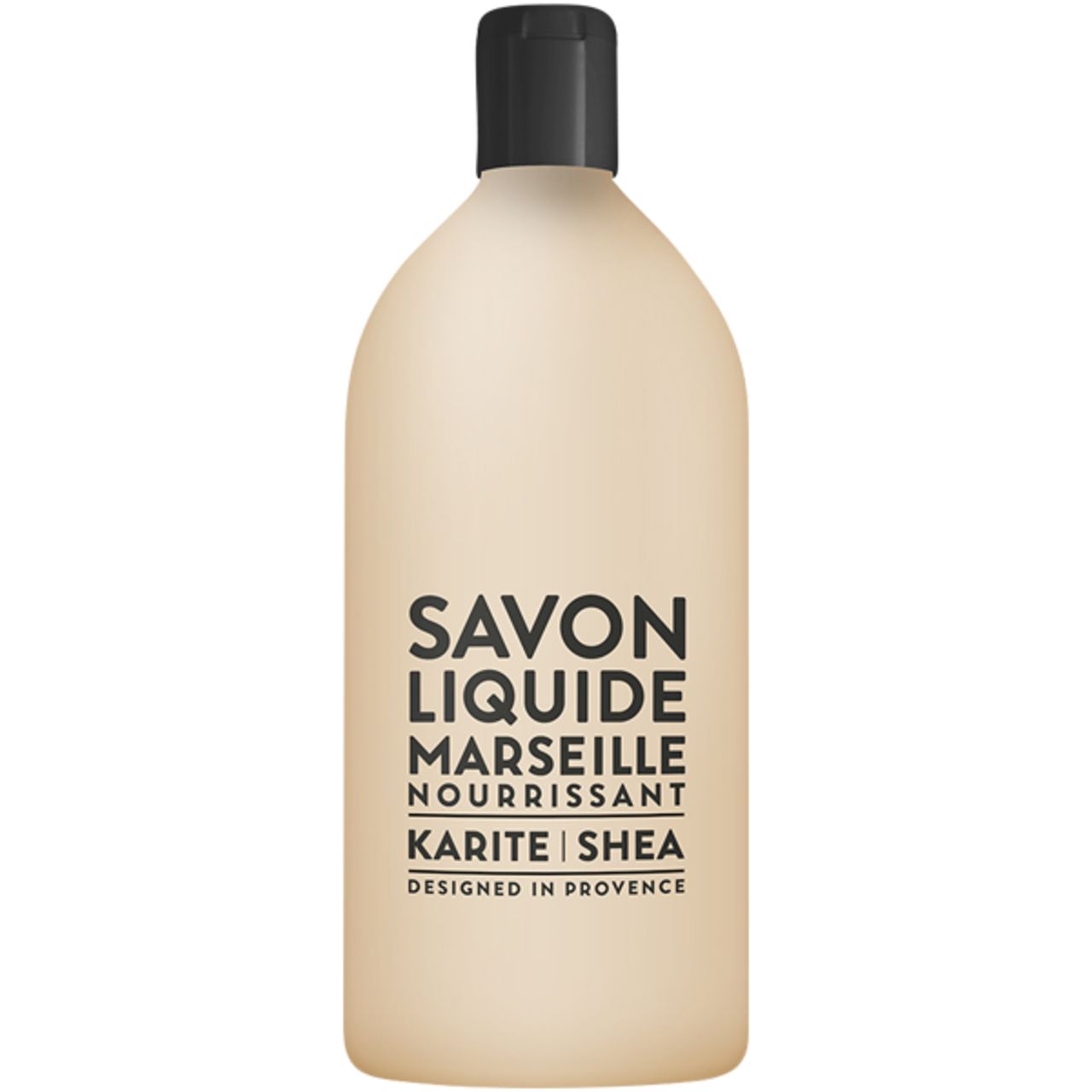 Beige Flüssigseife-Nachfüllflasche mit schwarzem Deckel. Text: Savon Liquide Marseille Nourrissant Karité | Shea.