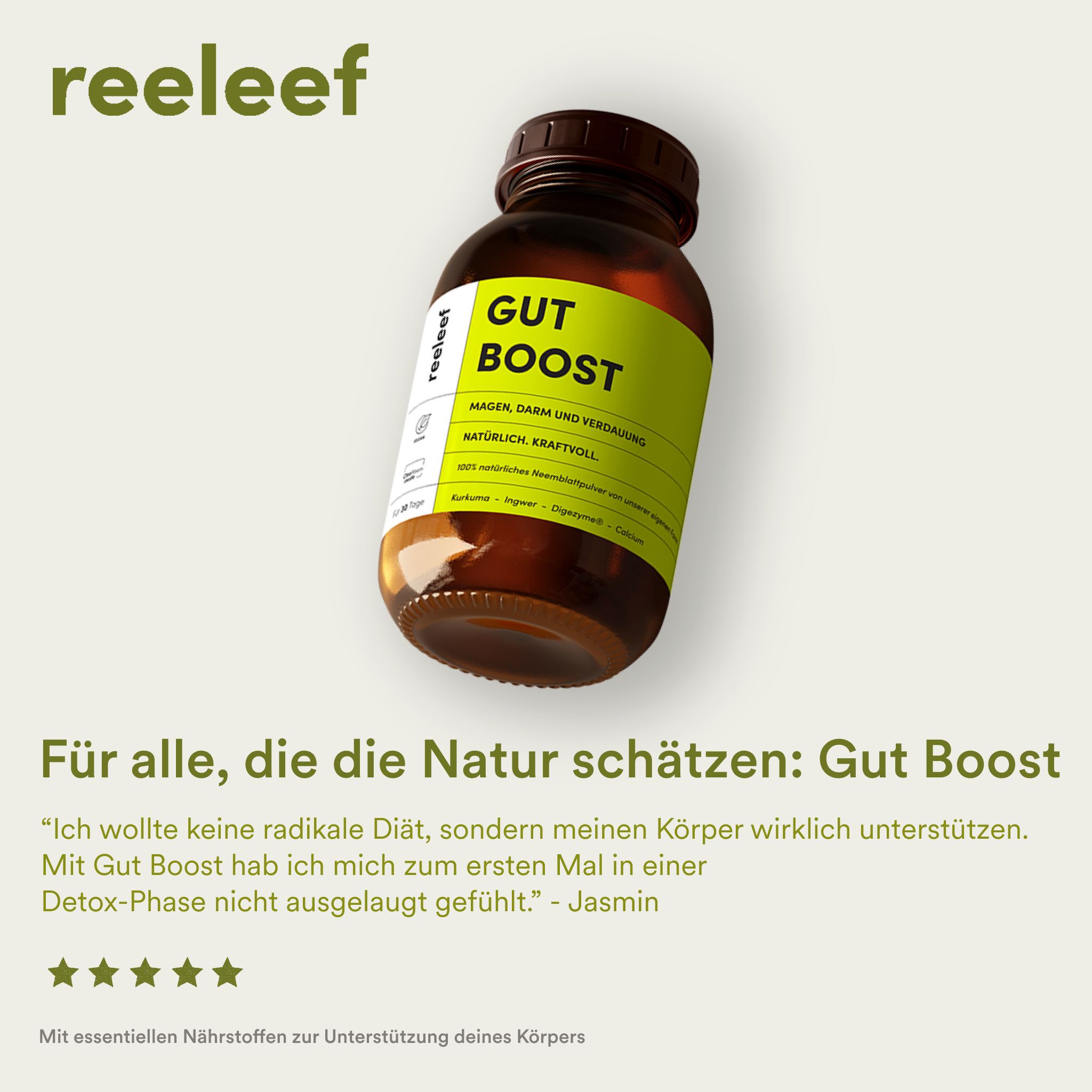 Braune Flasche mit gelbem Etikett. Text: GUT BOOST. Zitat und Sterne unterhalb der Flasche.