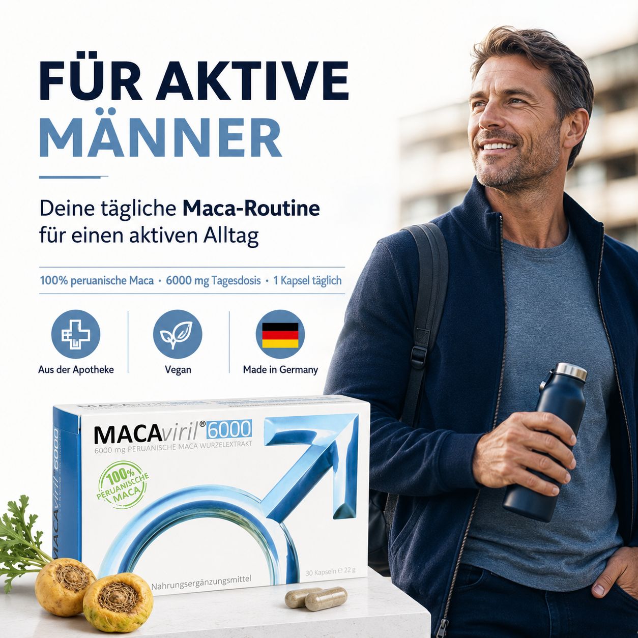 Mann mit Wasserflasche, MACAviril 6000® Packung, 100% peruanische Maca, vegan, Made in Germany.