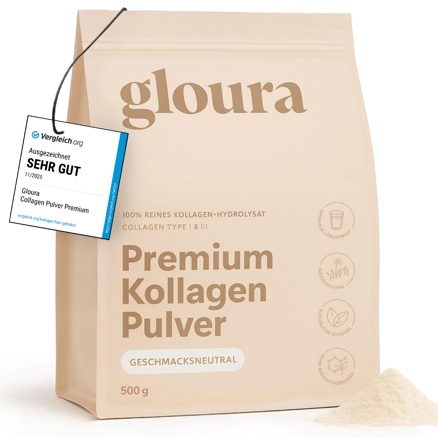 Packung mit Anhänger. Text: Premium Kollagen Pulver, Geschmacksneutral, 500 g.
