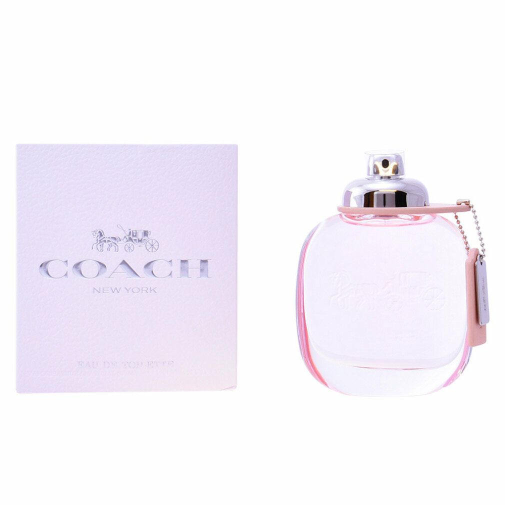 Rosa Eau de Toilette Flakon und Verpackung. Logo COACH NEW YORK. Anhänger mit Logo. Glasflakon. Hellrosa Verpackung.