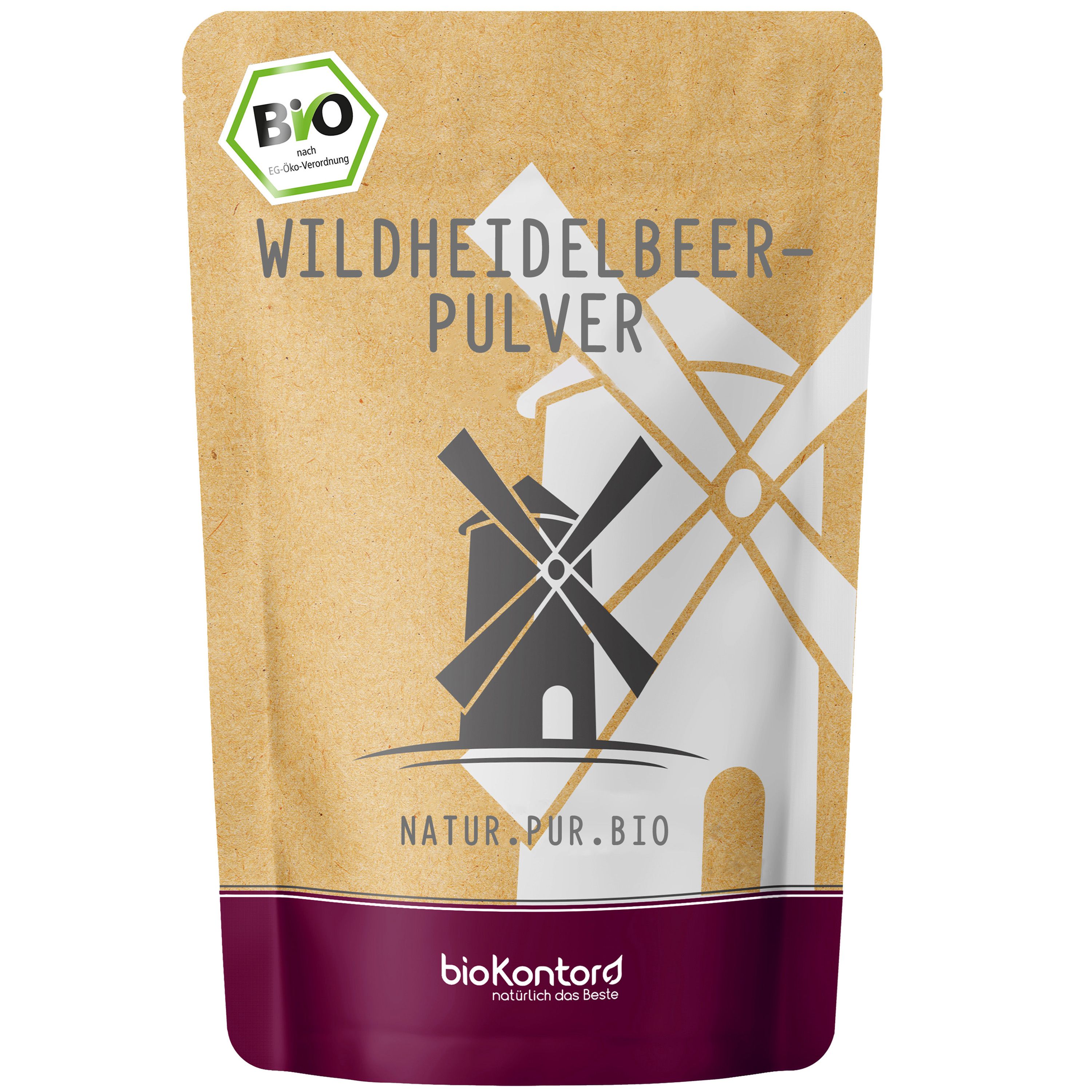 bioKontor Wildheidelbeer Pulver in brauner Papiertüte mit BIO-Siegel und Windmühlen-Design.
