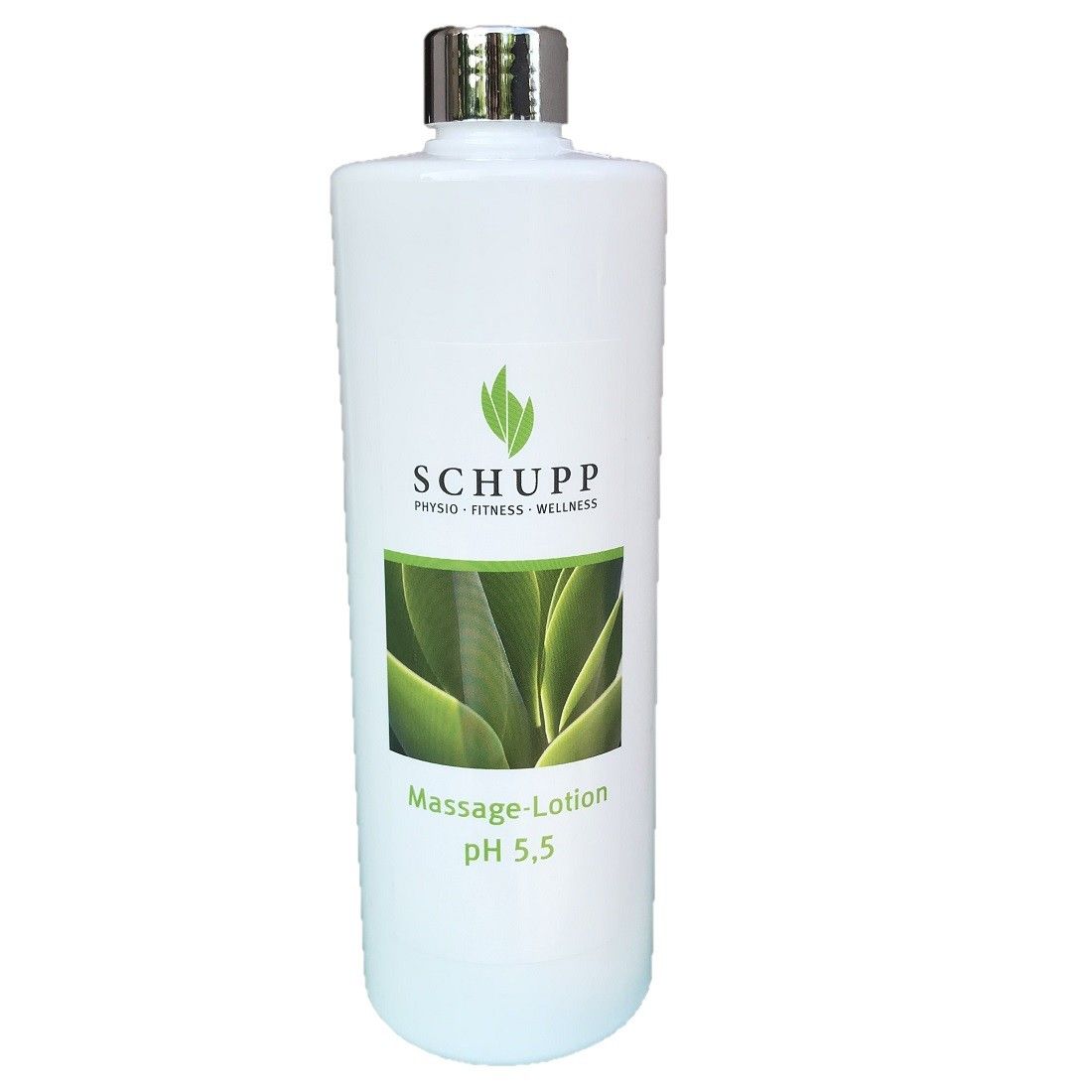 Weiße Flasche mit silbernem Schraubverschluss. Aufschrift: SCHUPP, Massage-Lotion pH 5,5. Grünes Blattmotiv.