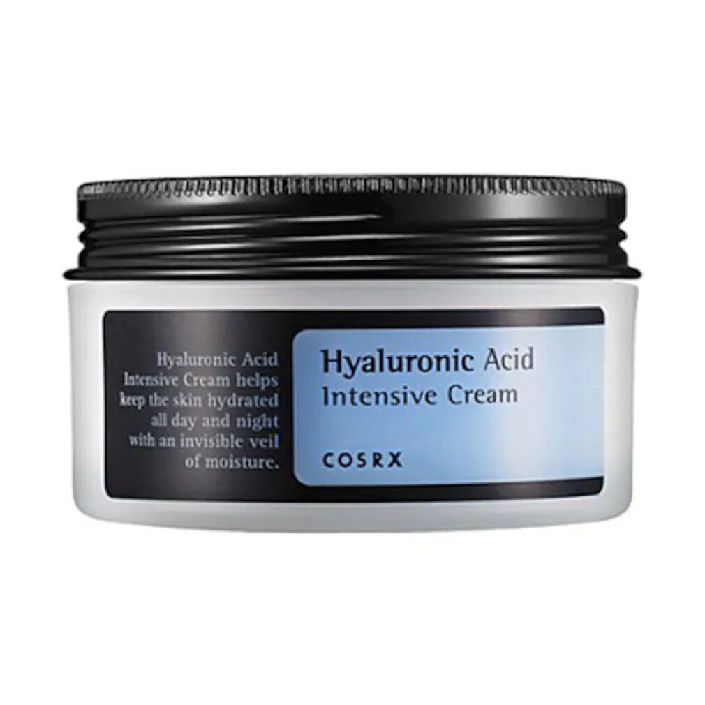 Weiße Tiegel mit schwarzem Deckel. Enthält Hyaluronsäure Intensive Creme.