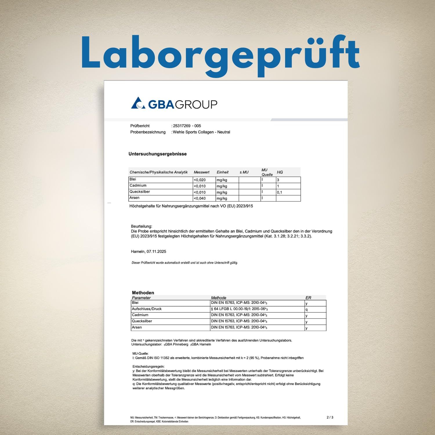 Laborbericht mit Tabellen und Text. Text: Laborgeprüft. GBA GROUP. Enthält Informationen zu Analyseergebnissen und Methoden.