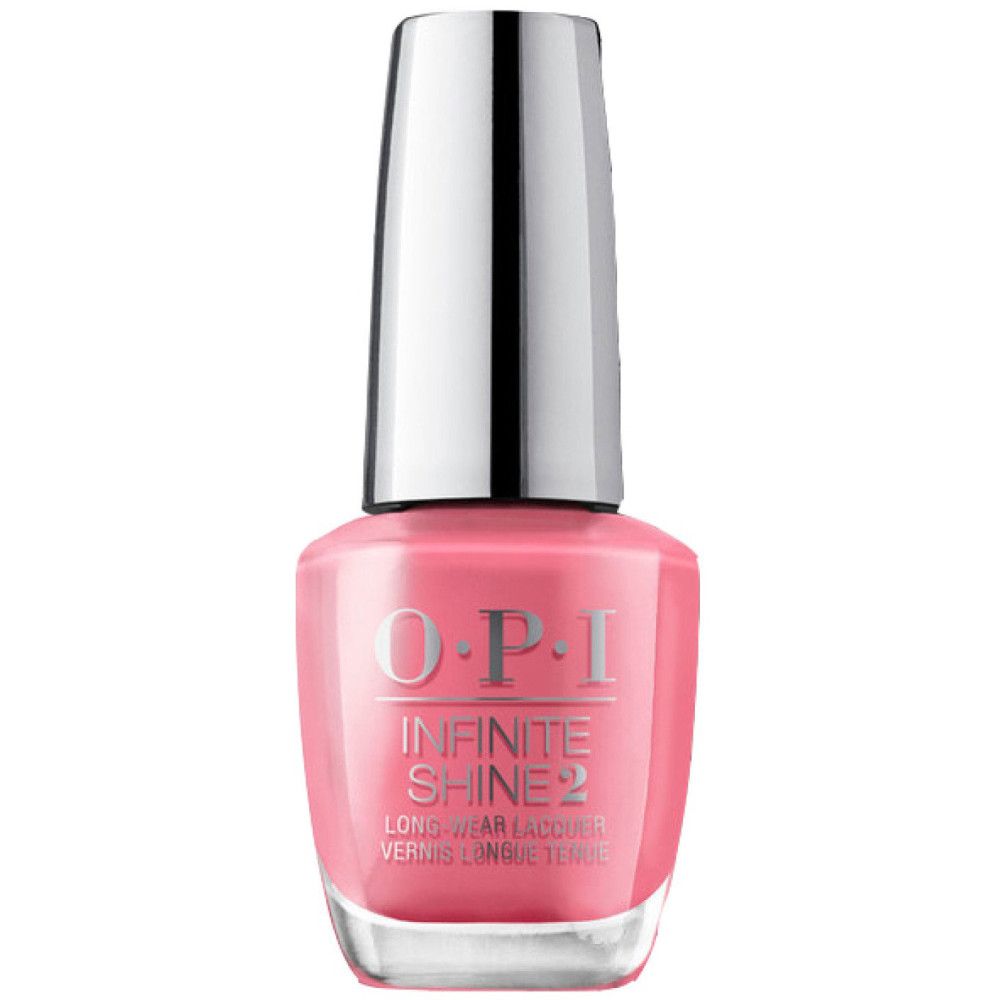 OPI Nagellacke Infinite Shine 2 Flasche. Rosa Farbe, silberner Deckel. Etikett sichtbar.