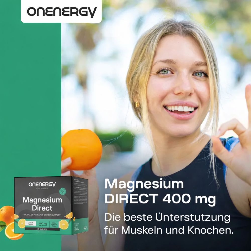 Magnesium DIRECT 400 mg. 30 Beutel. Box mit Produkt und Orangen. Frau im Hintergrund.