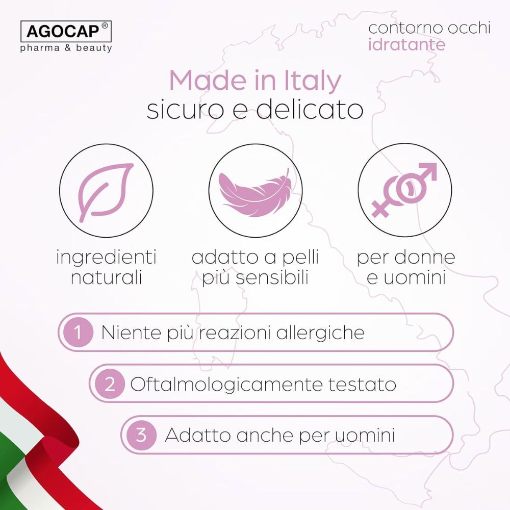 Text: Made in Italy. Text: sicuro e delicato. Symbole: natürliche Inhaltsstoffe, für empfindliche Haut, für Männer und Frauen.