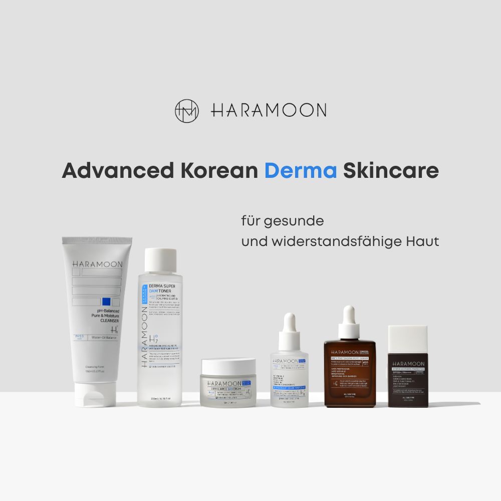 Verschiedene Hautpflegeprodukte. Text: Advanced Korean Derma Skincare. Für gesunde und widerstandsfähige Haut. HARAMOON.