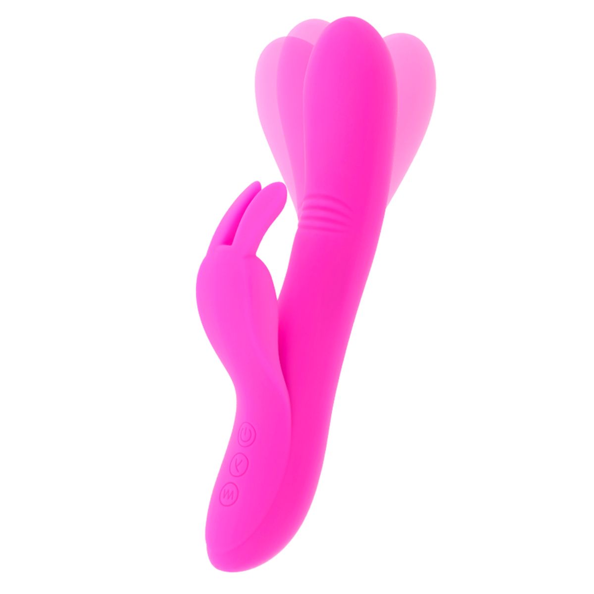 Pinkfarbener Vibrator mit Hasenohren-Design. Drei Knöpfe am Griff. Ausrichtung: schräg von oben.