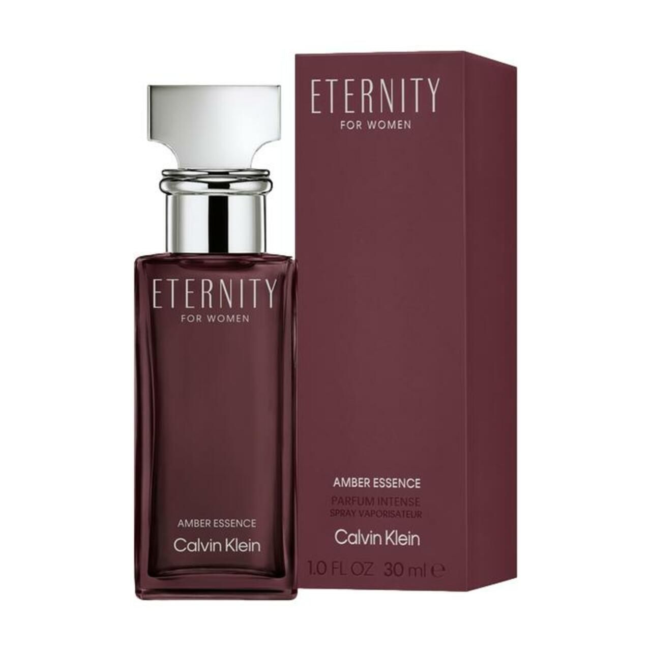 Parfümflakon und Verpackung. Aufschrift "Eternity for Women" und "Amber Essence". Marke Calvin Klein. 30 ml.
