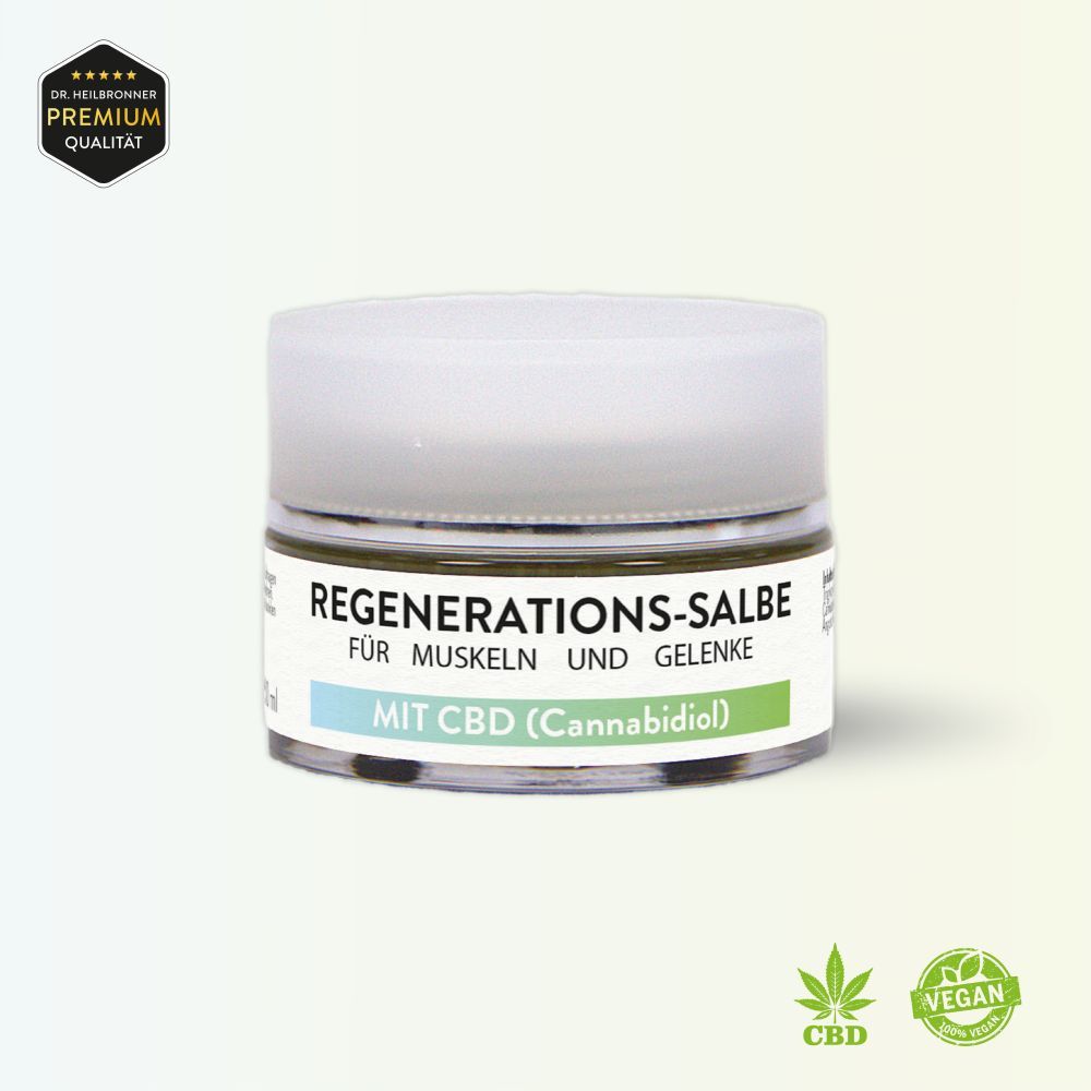 Glas mit weißem Deckel. Etikett mit Text: Regenerations-Salbe. Logo: Premium Qualität. Vegan-Logo. CBD-Logo.