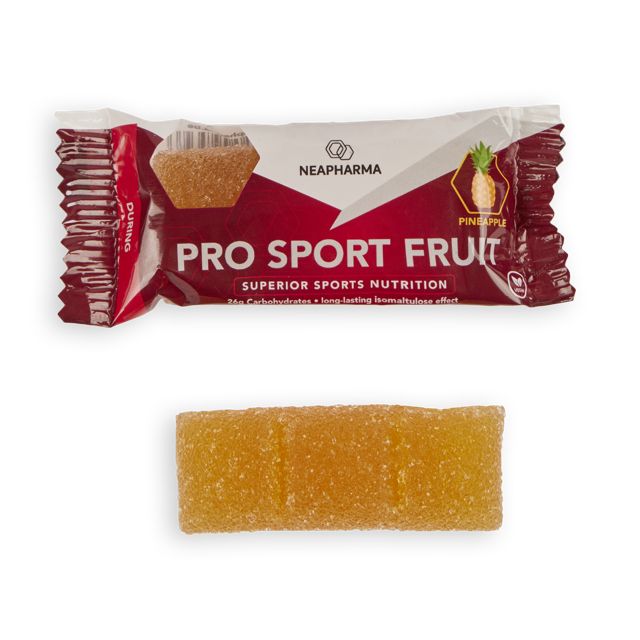 Neapharma Pro Sport Fruit Ananas: Einzelner Riegel und Fruchtgummi-Riegel.