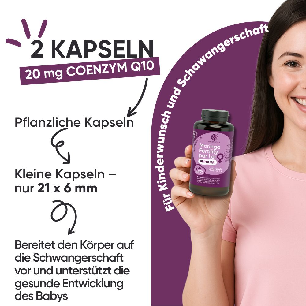 Flasche "Moringa Fertility per Lei" mit 60 Kapseln, "Für Kinderwunsch und Schwangerschaft".