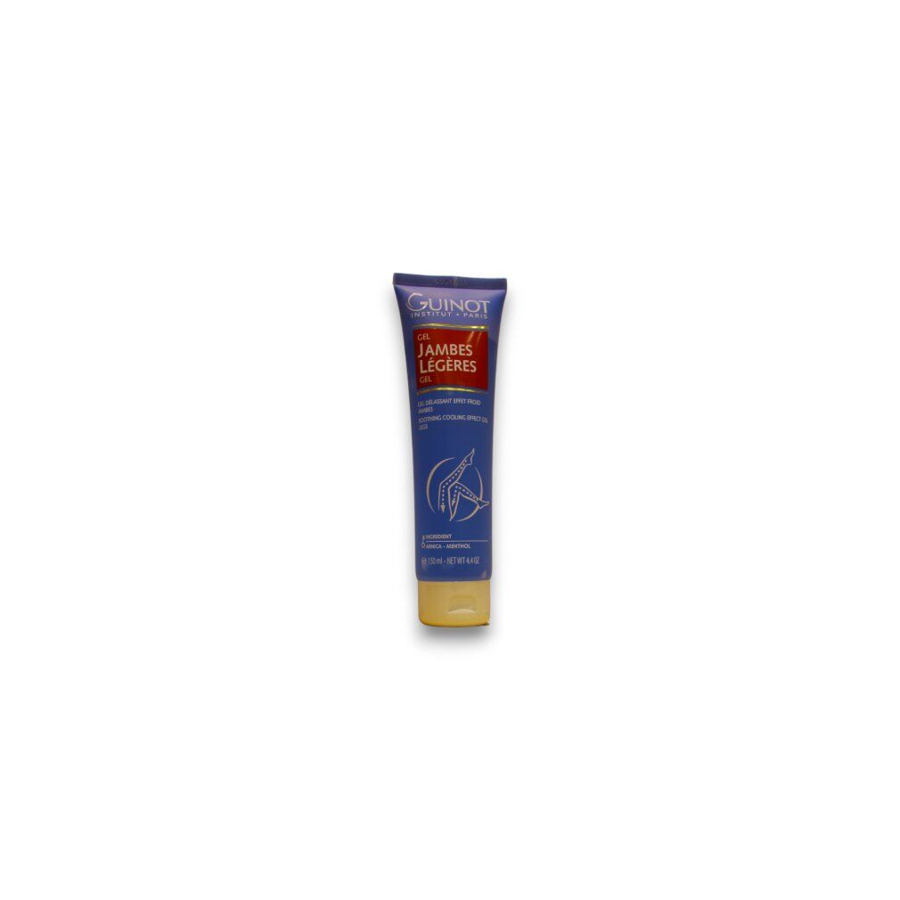 Kleine, blaue Tube mit Produktaufschrift. Guinot Institut Paris, Gel Jambes Légères. Gelbliche Kappe.