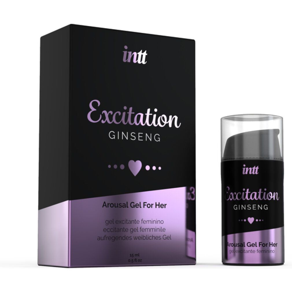 Produktverpackung und Flasche. Aufschrift: intt Excitation GINSENG, Arousal Gel For Her. Verpackung: schwarz, lila.