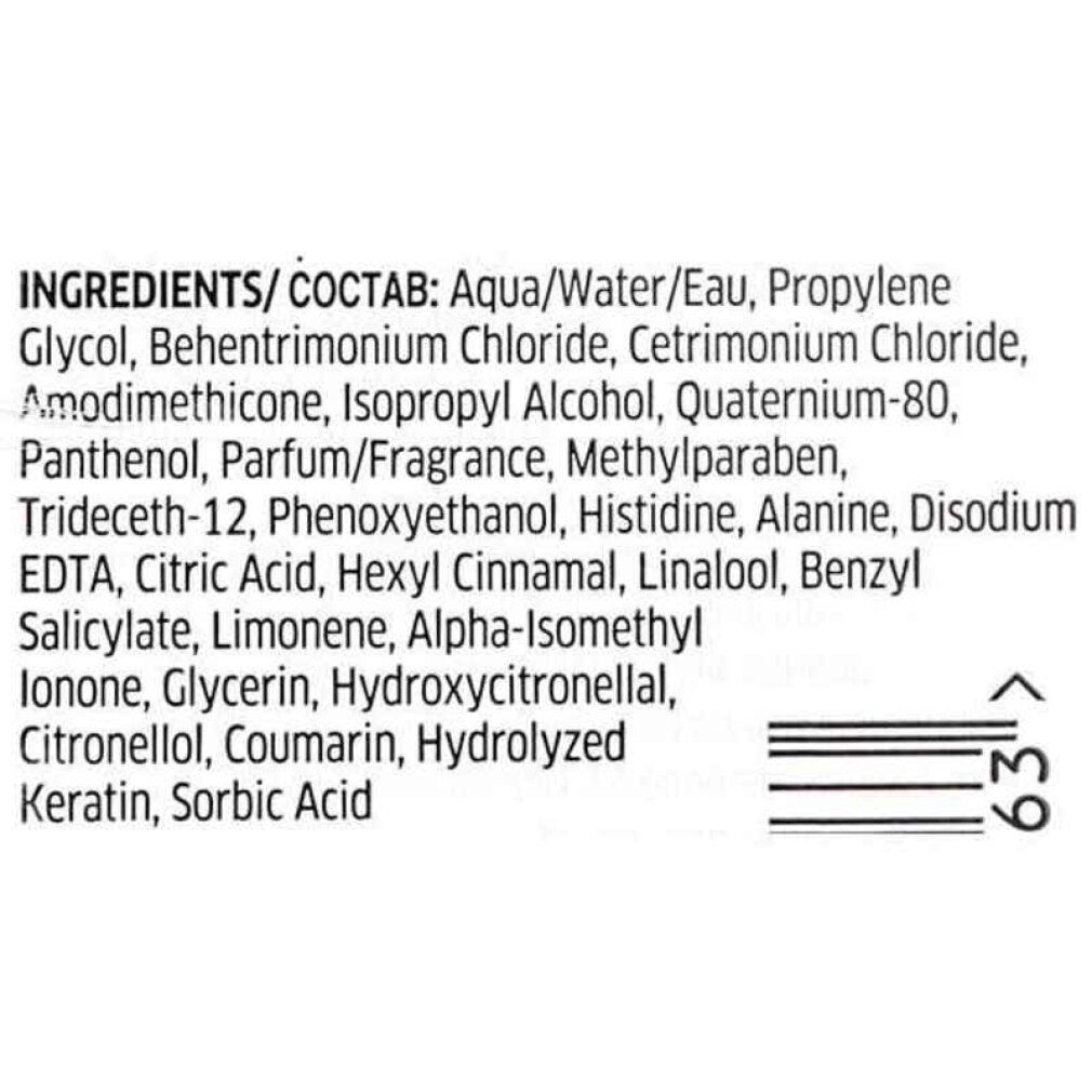 Text mit Inhaltsstoffen und Barcode. Enthält Aqua, Propylene Glycol, Behentrimonium Chloride, etc.