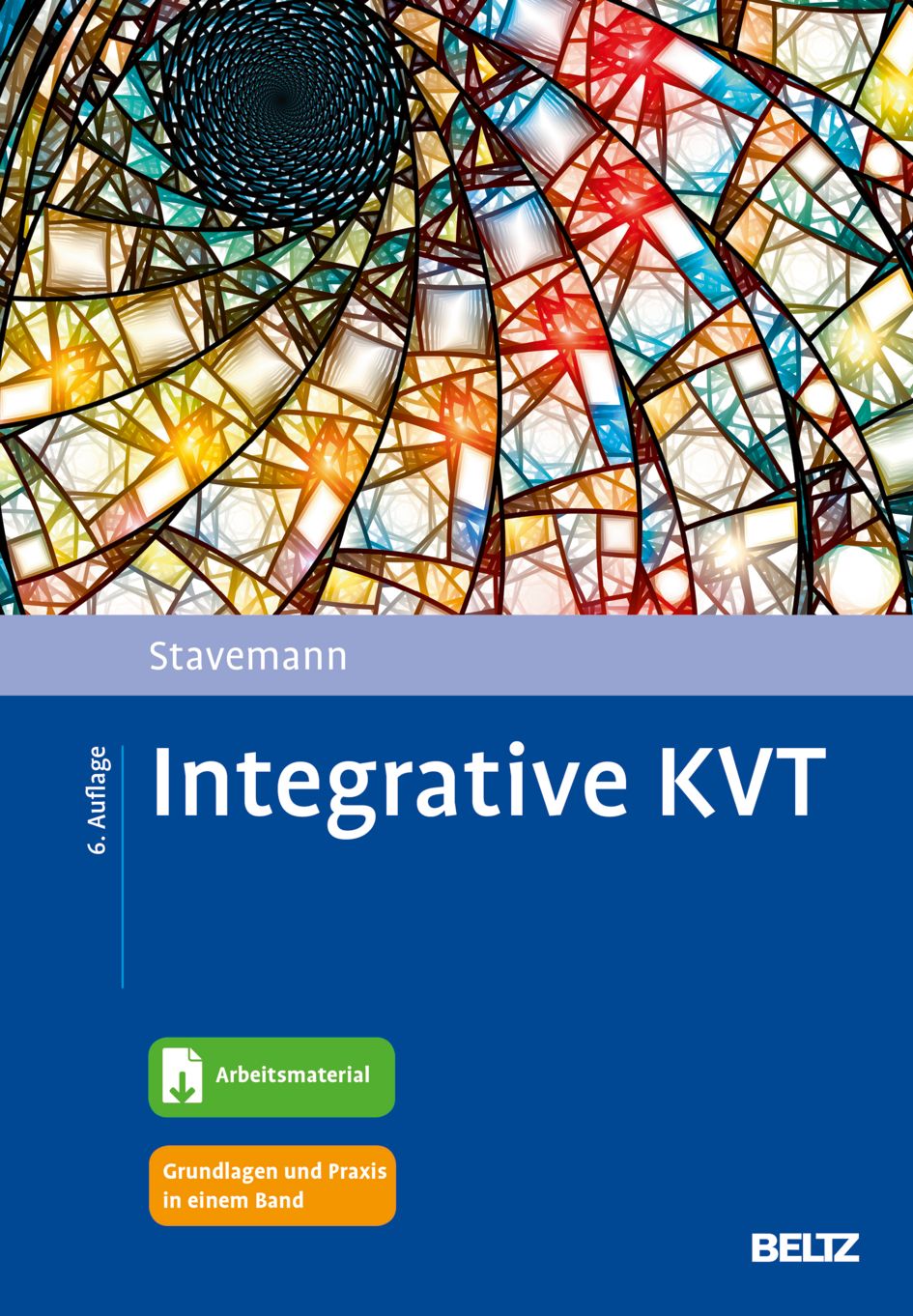 Buch "Integrative KVT" von Stavemann. Titel in Weiß auf blauem Hintergrund. 6. Auflage. Arbeitsmaterial-Logo.
