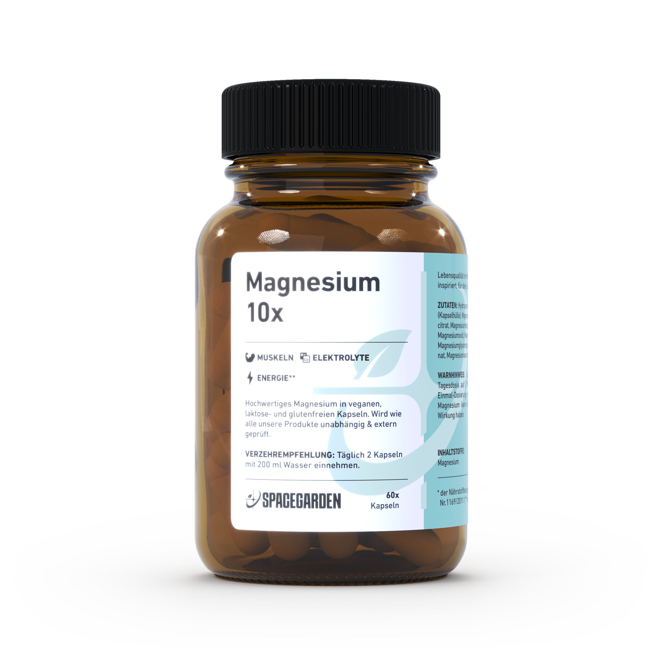 Braune Glasflasche mit Kapseln. Etikett mit Text: Magnesium 10x, Muskeln, Elektrolyte, Energie. Marke: Spacegarden.