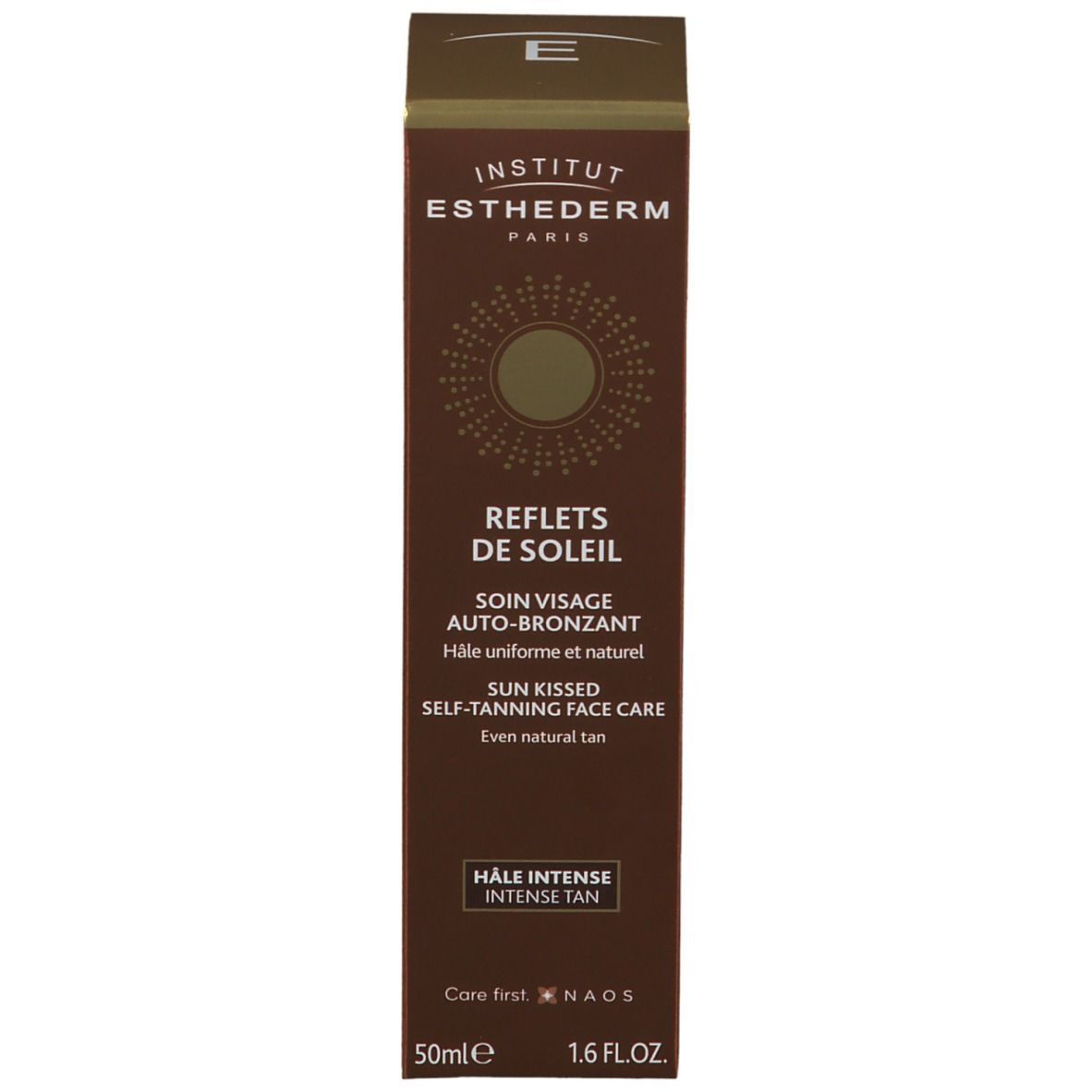 Doos met INSTITUT ESTHEDERM PARIS. REFLETS DE SOLEIL, SOIN VISAGE AUTO-BRONZANT. HALE INTENSE. 50ml. 1.6 FL.OZ.