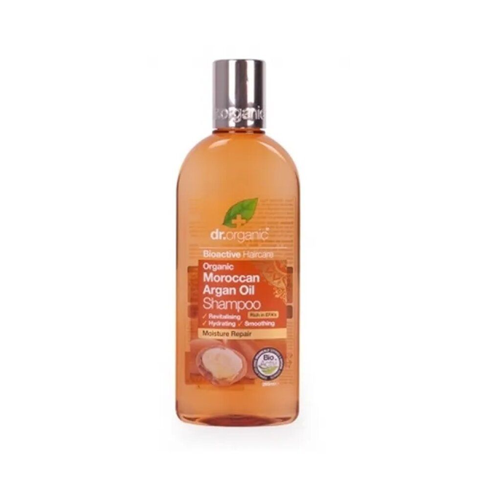 Braune Shampoo-Flasche. Aufschrift: Dr.Organic, Moroccan Argan Oil Shampoo. Mit silbernem Deckel.