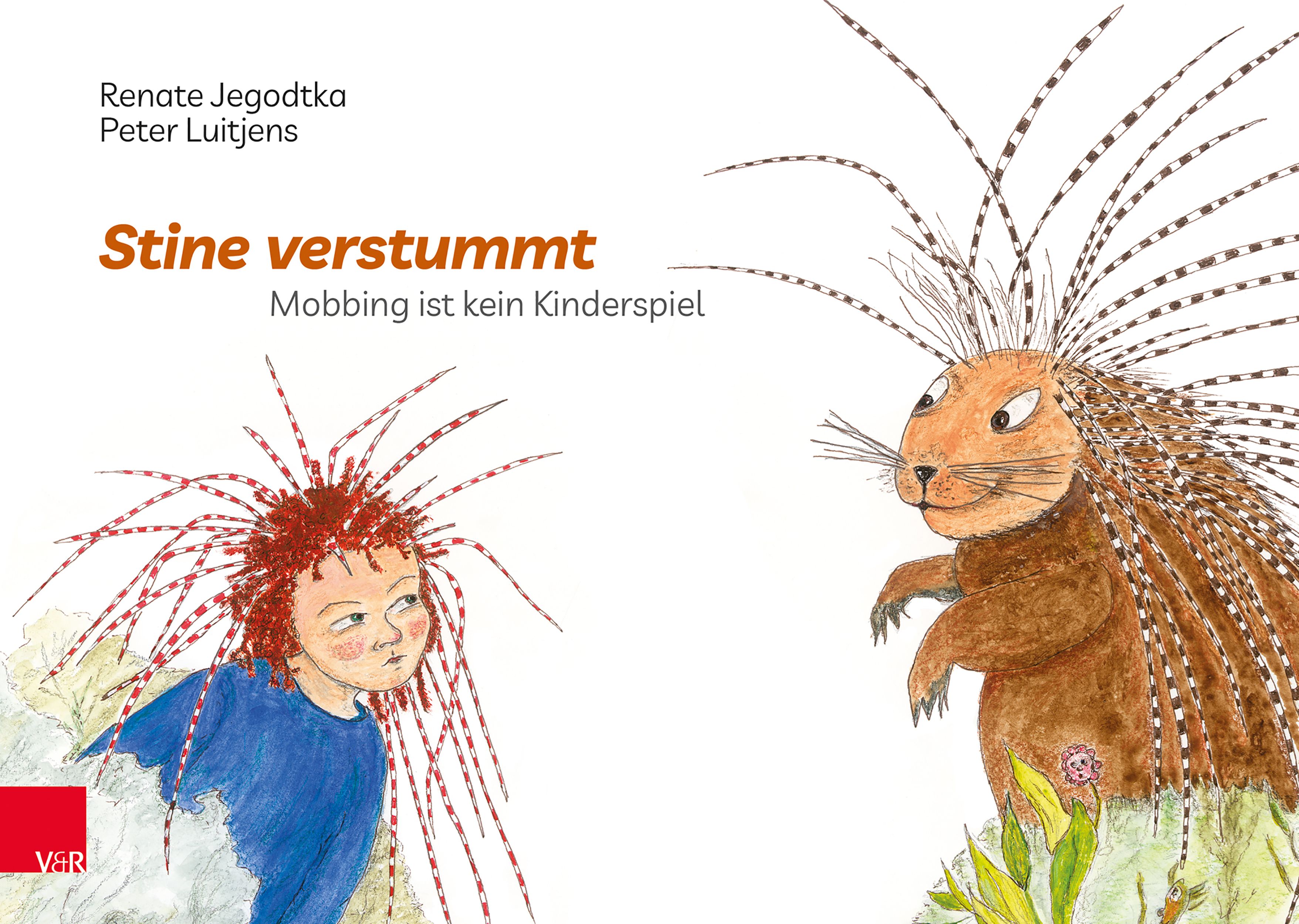 Buchcover mit Illustrationen. Titel: Stine verstummt. Untertitel: Mobbing ist kein Kinderspiel. Zeichnungen von Kind und Stachelschwein.