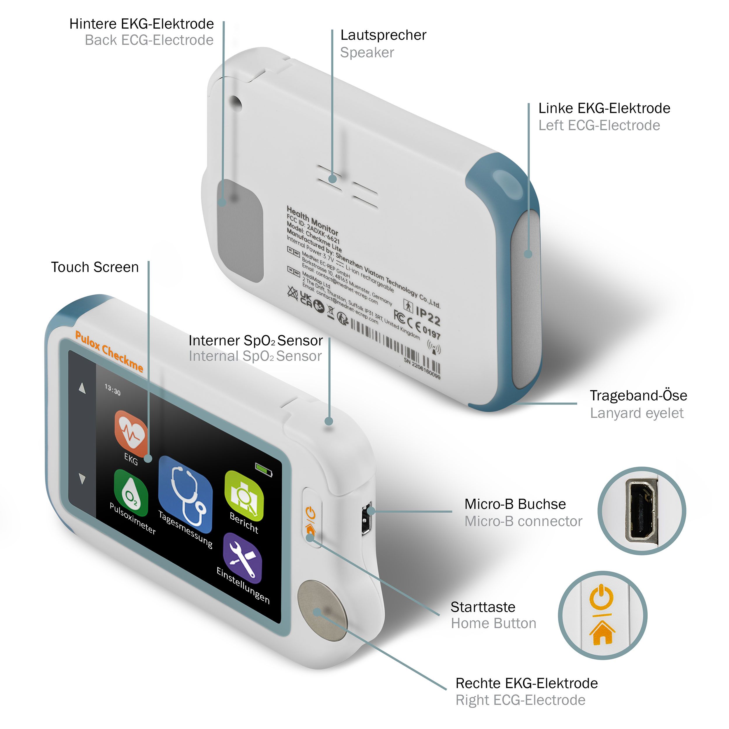Pulox - Checkme Lite - Tragbarer Vitalcheck EKG Monitor mit Pulsoximeter