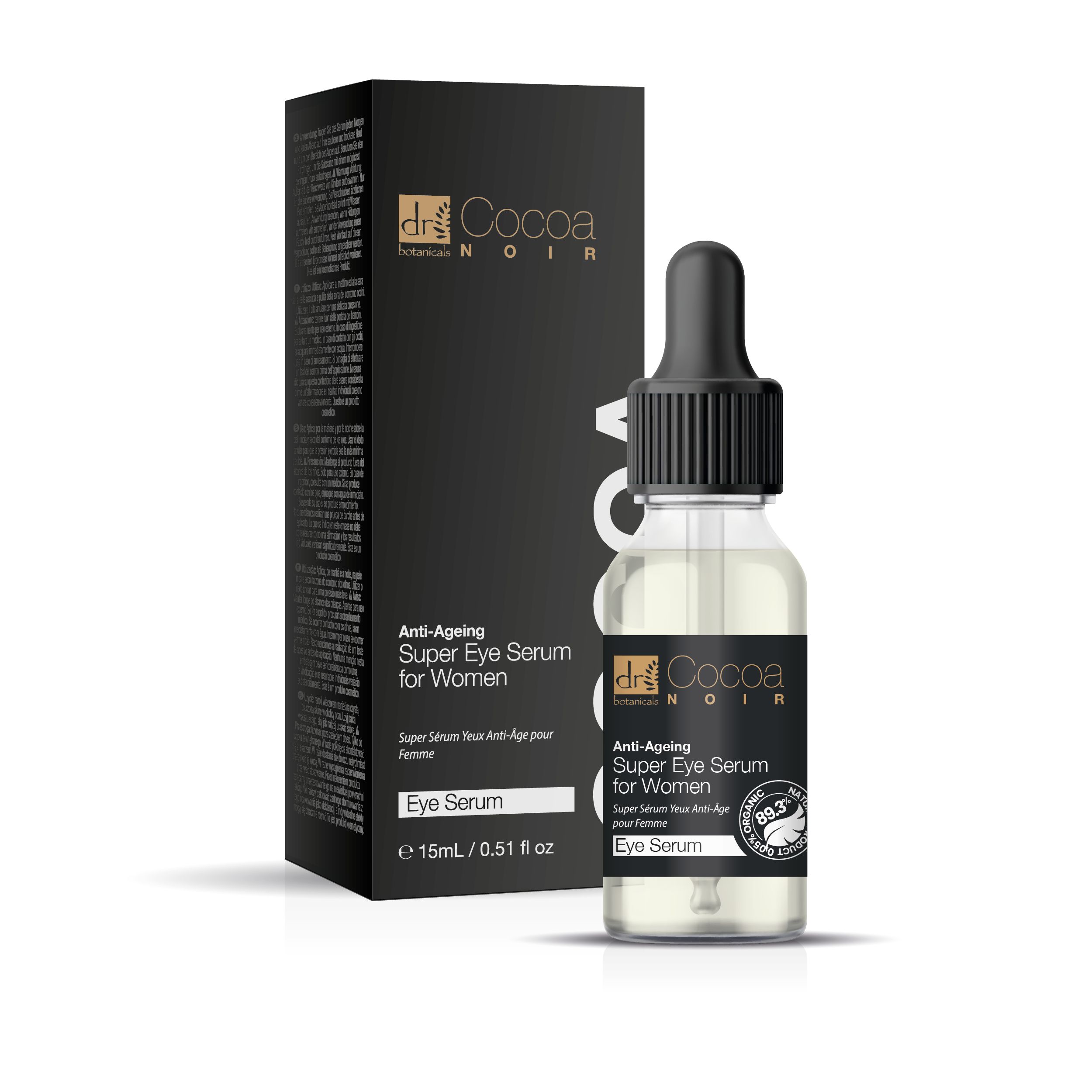 Schwarze Verpackung und Flasche. Auf der Verpackung: Anti-Ageing Super Eye Serum for Women. Flasche mit Pipette. Marke: Dr Botanicals Cocoa Noir.