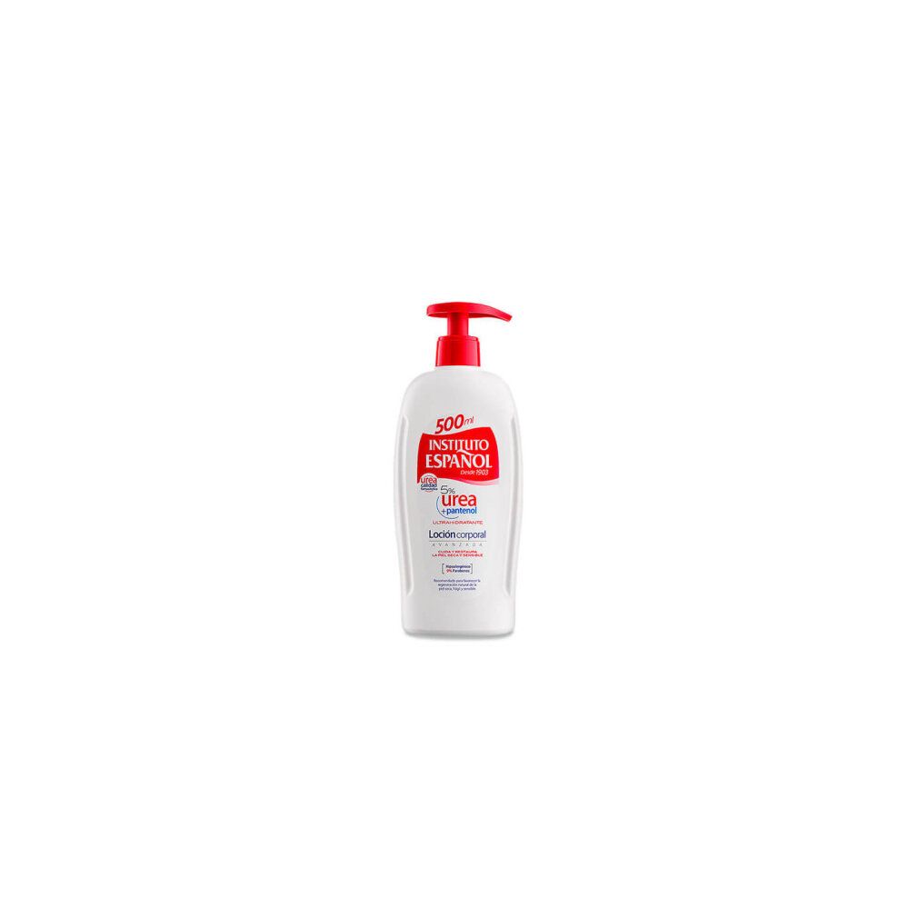 Weiße Flasche mit roter Pumpe. Aufschrift: Instituto Español, 5% Urea + Pantenol, 500ml. Lotion für trockene Haut.